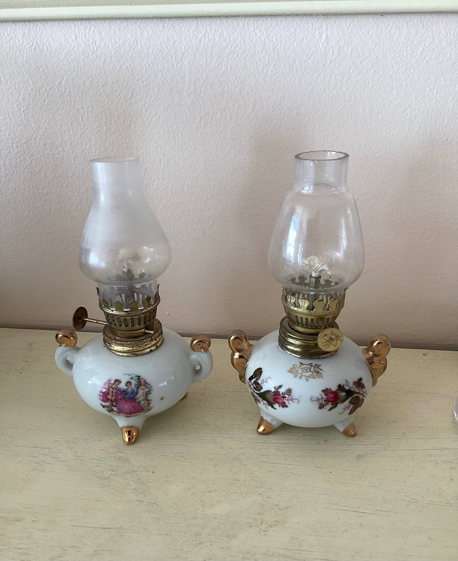 Pair of English Mini Oil Lamps: 6 inches Marked Foreign