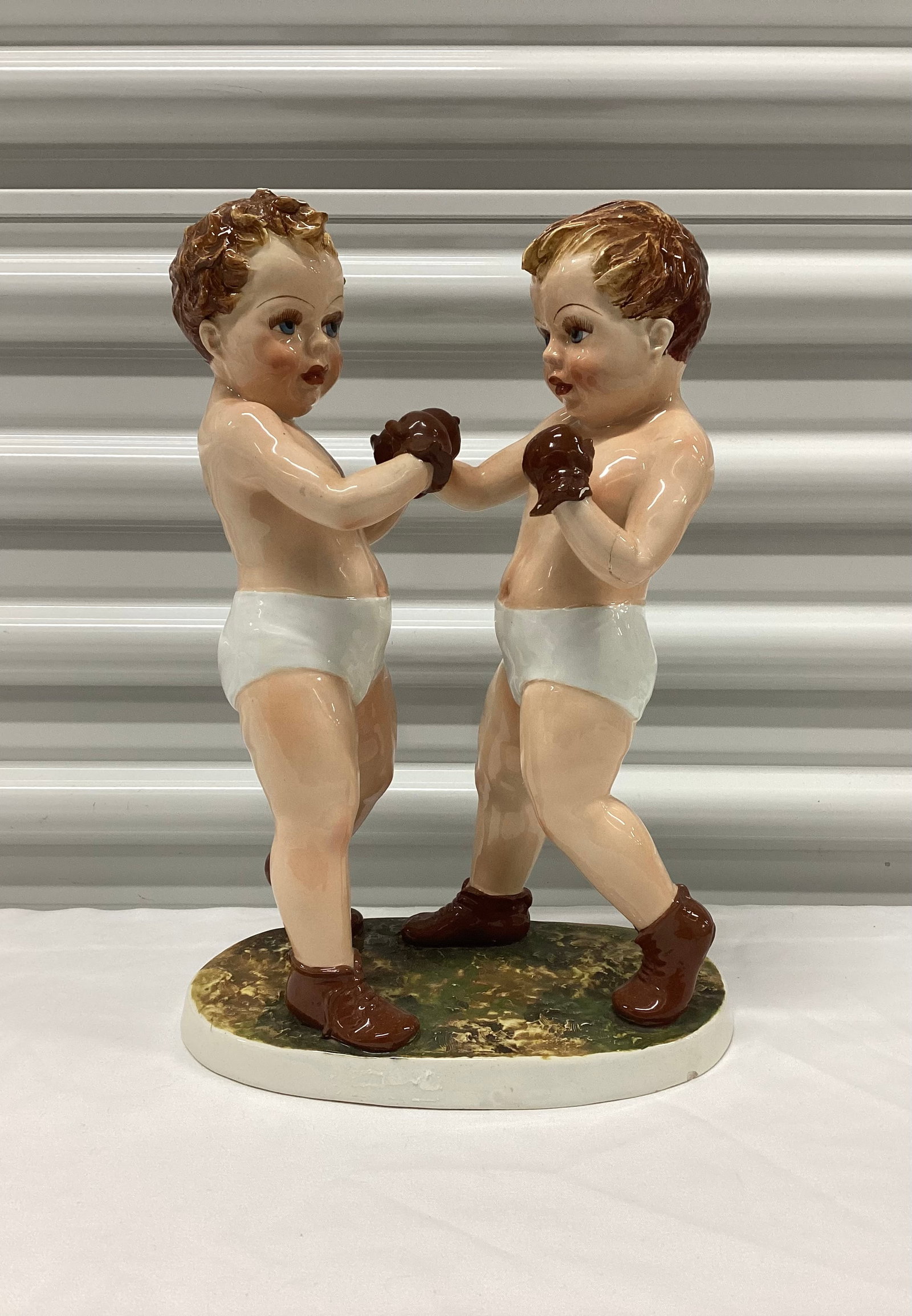Large Signed Italian Porcelain Boxing Boys: 12.5 inches