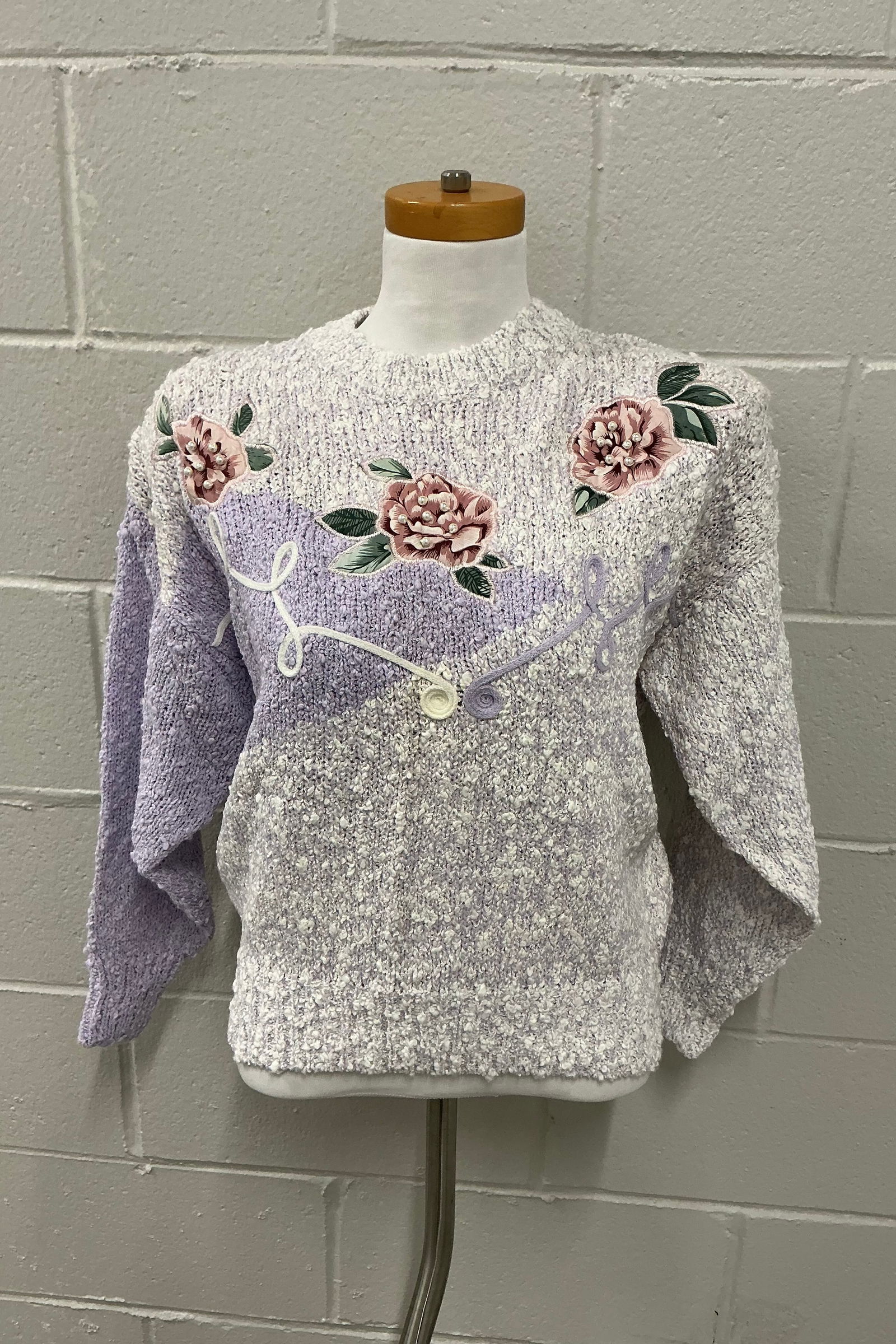 Vintage With Tags Boucle Sweater With Flower & Pearl Detail: Size L
