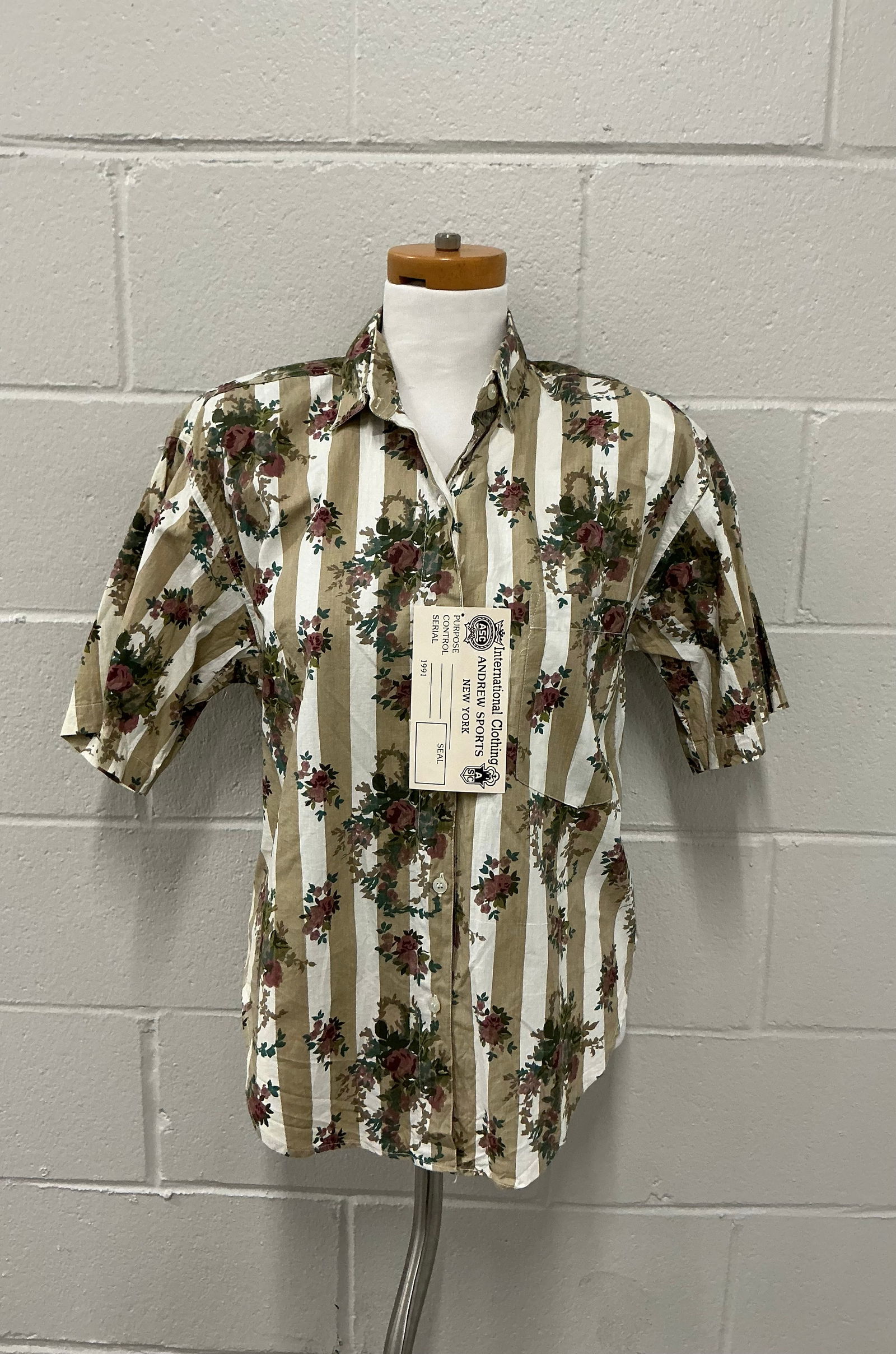 1990s With Tags Floral Stripe Button Front Shirt (1 of 7)