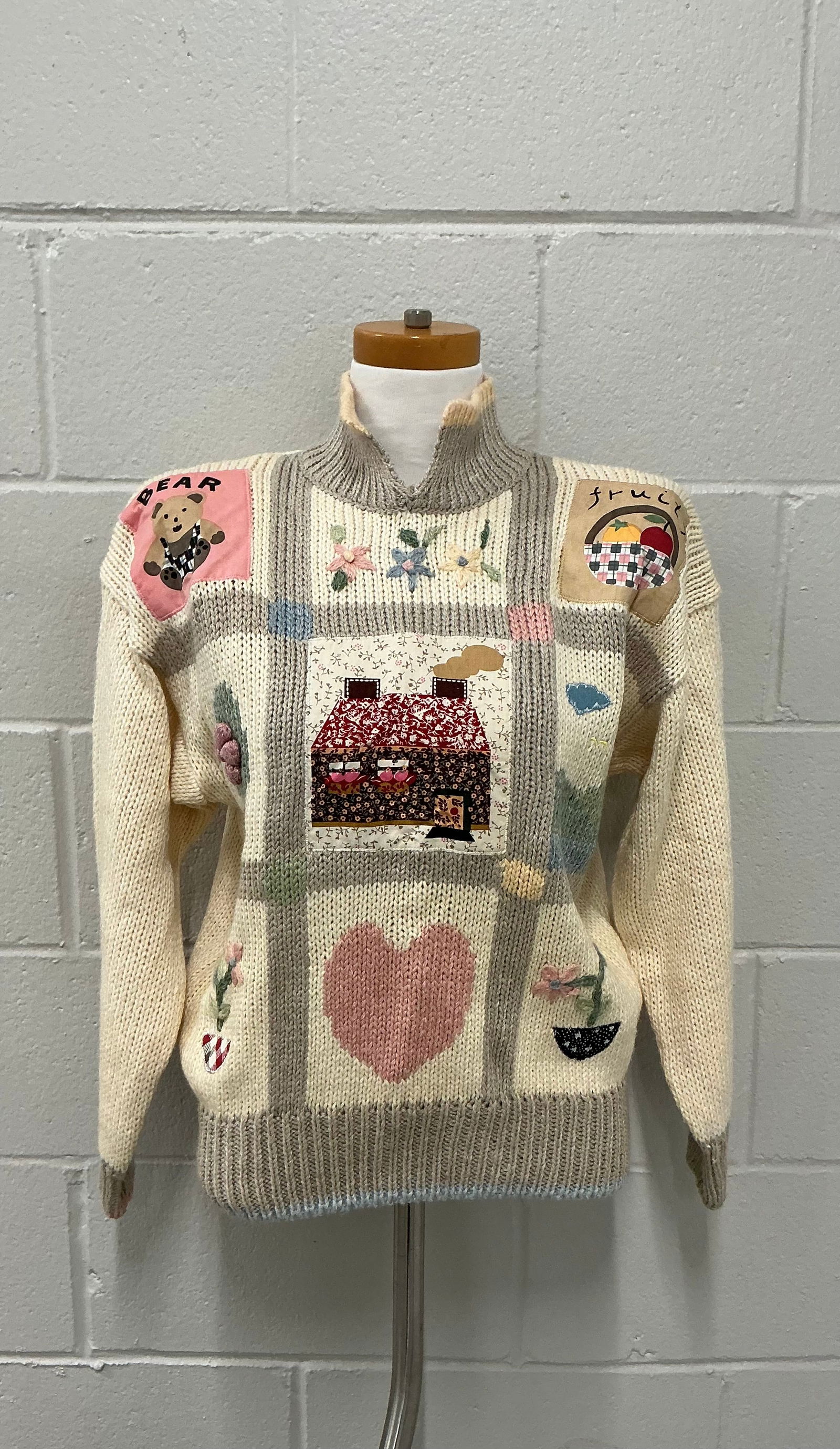 Adorable Patchwork Style 1990s Ramie Blend Sweater: Size M