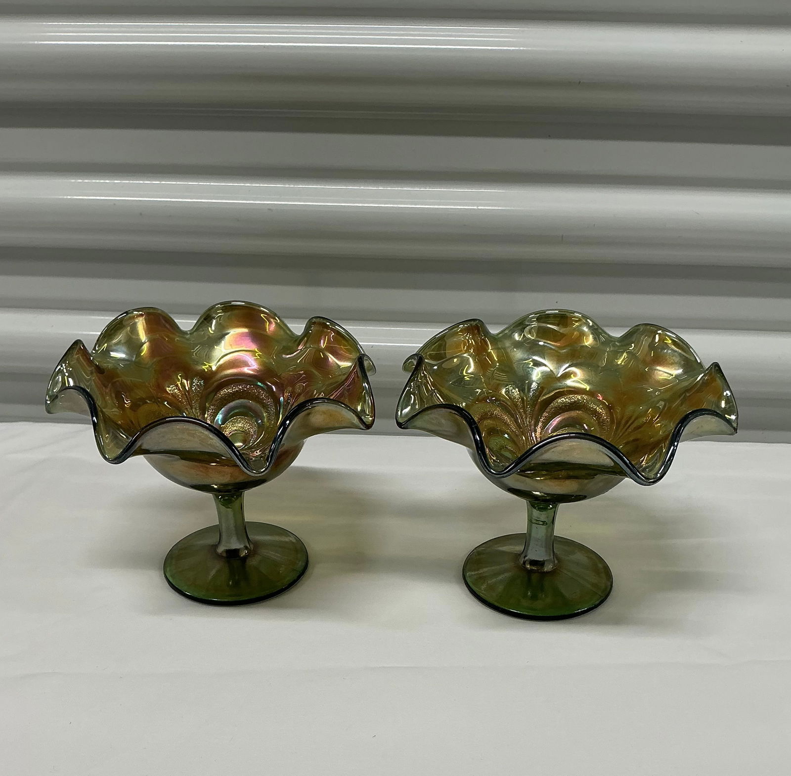 Pair of Early 1900s Imperial Carnival Glass Compotes (1 of 8)