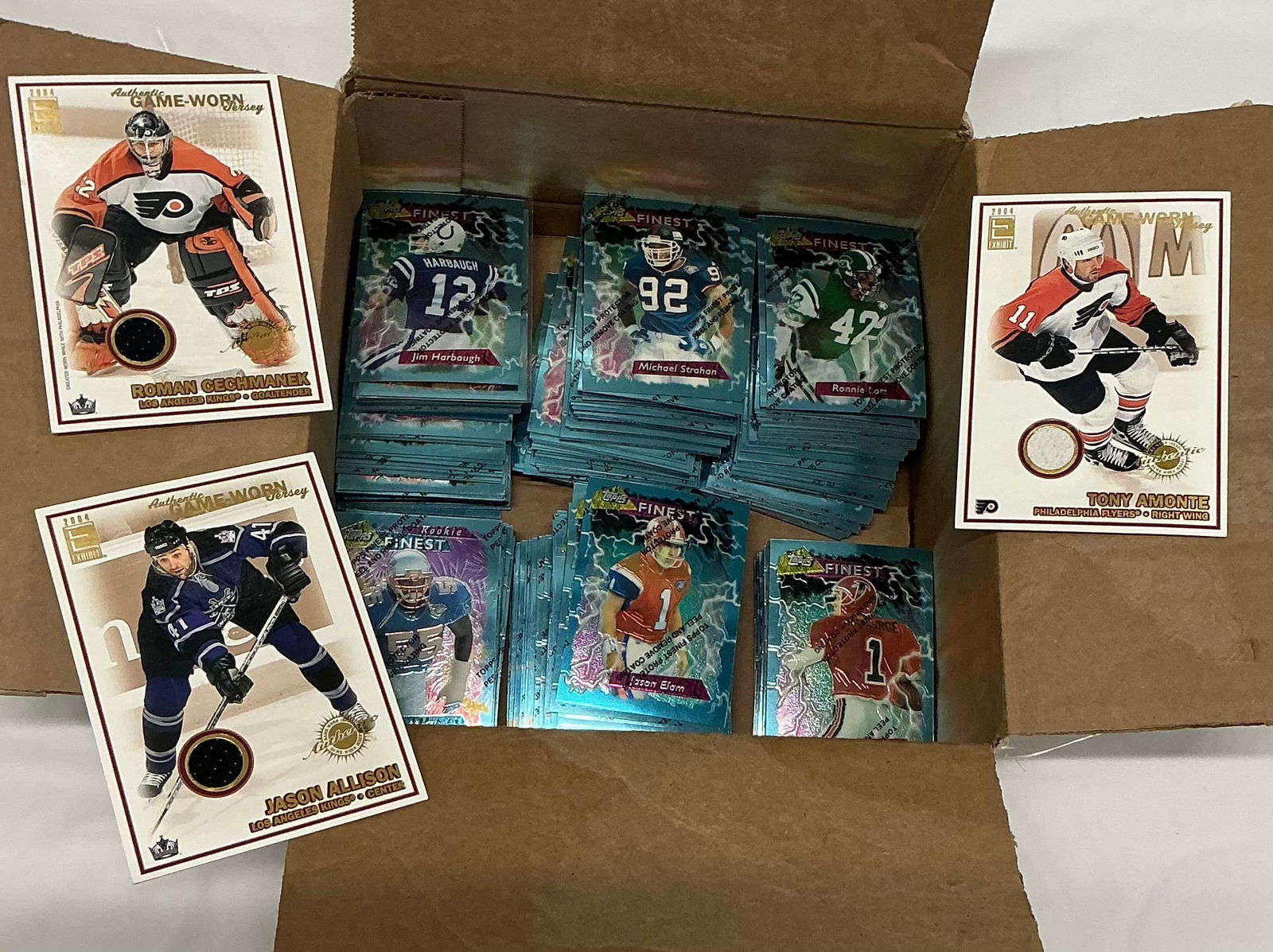 Game Worn Jersey Hockey Cards & Box of 1995 Topps Finest Football Cards (1 of 3)