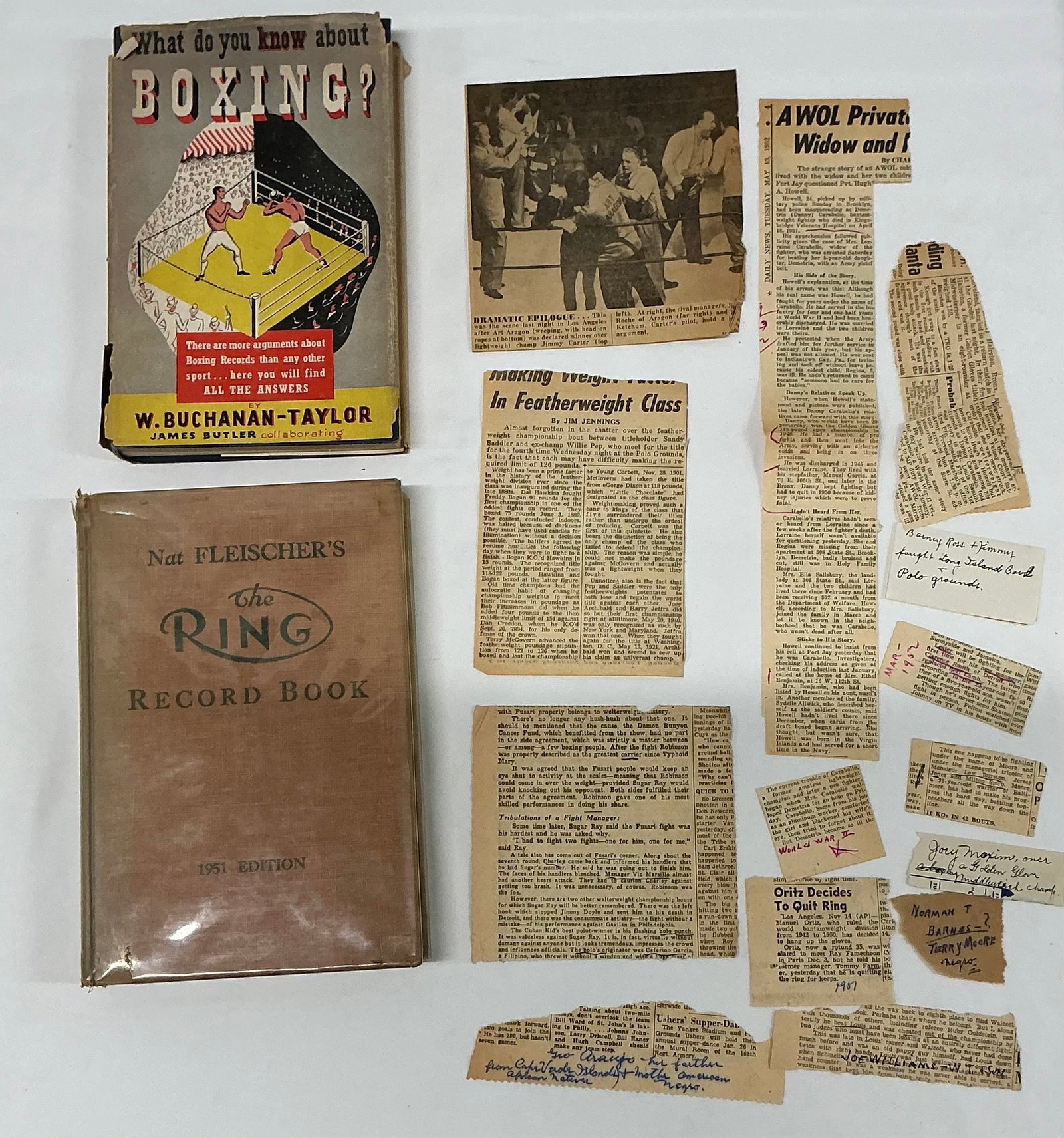 Signed Nat Fleischer’s The Ring Record Book & Other Vintage Boxing: Newspaper Clippings