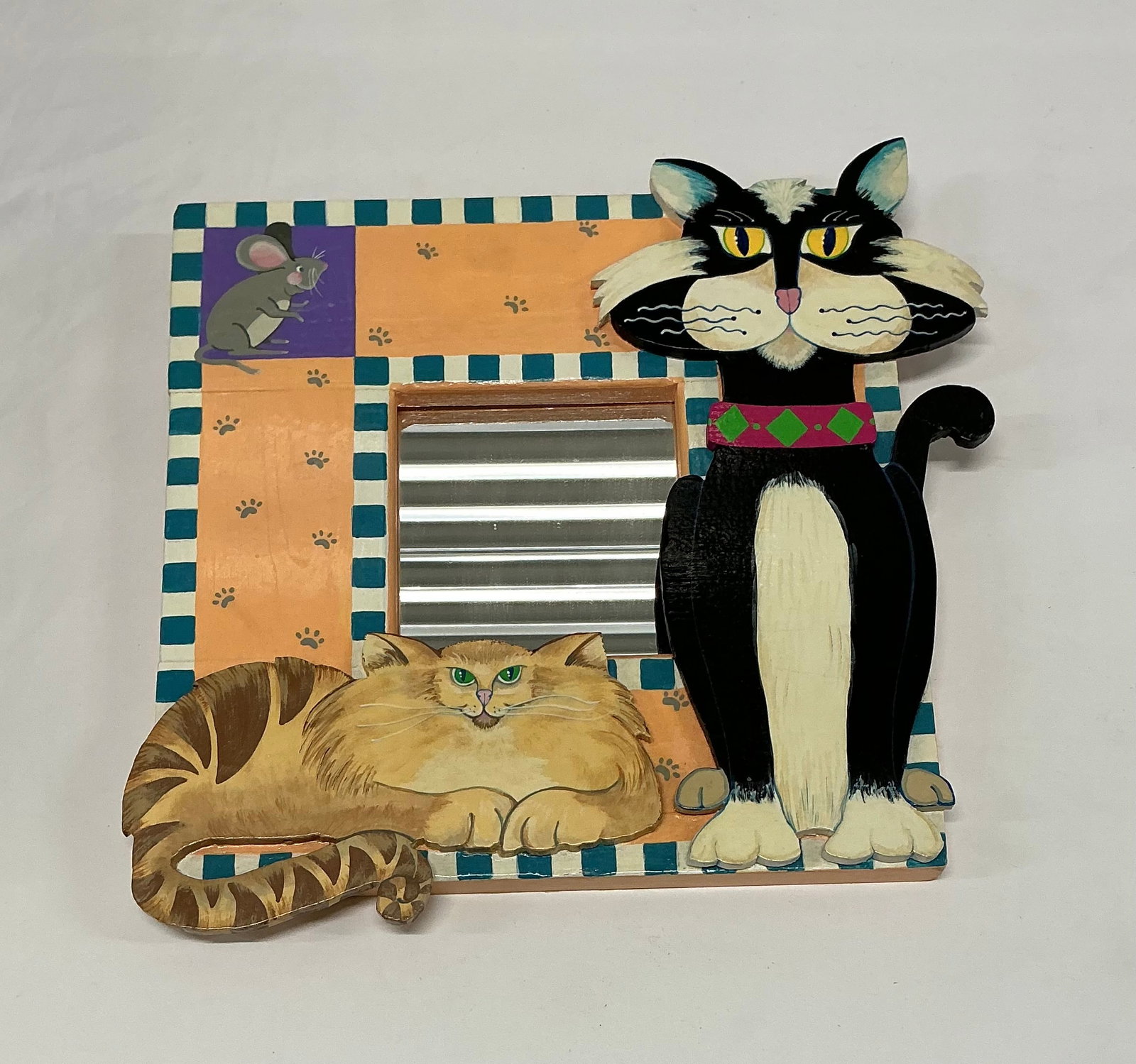 Signed Hand Painted Cat Mirror: 13.5x13.25