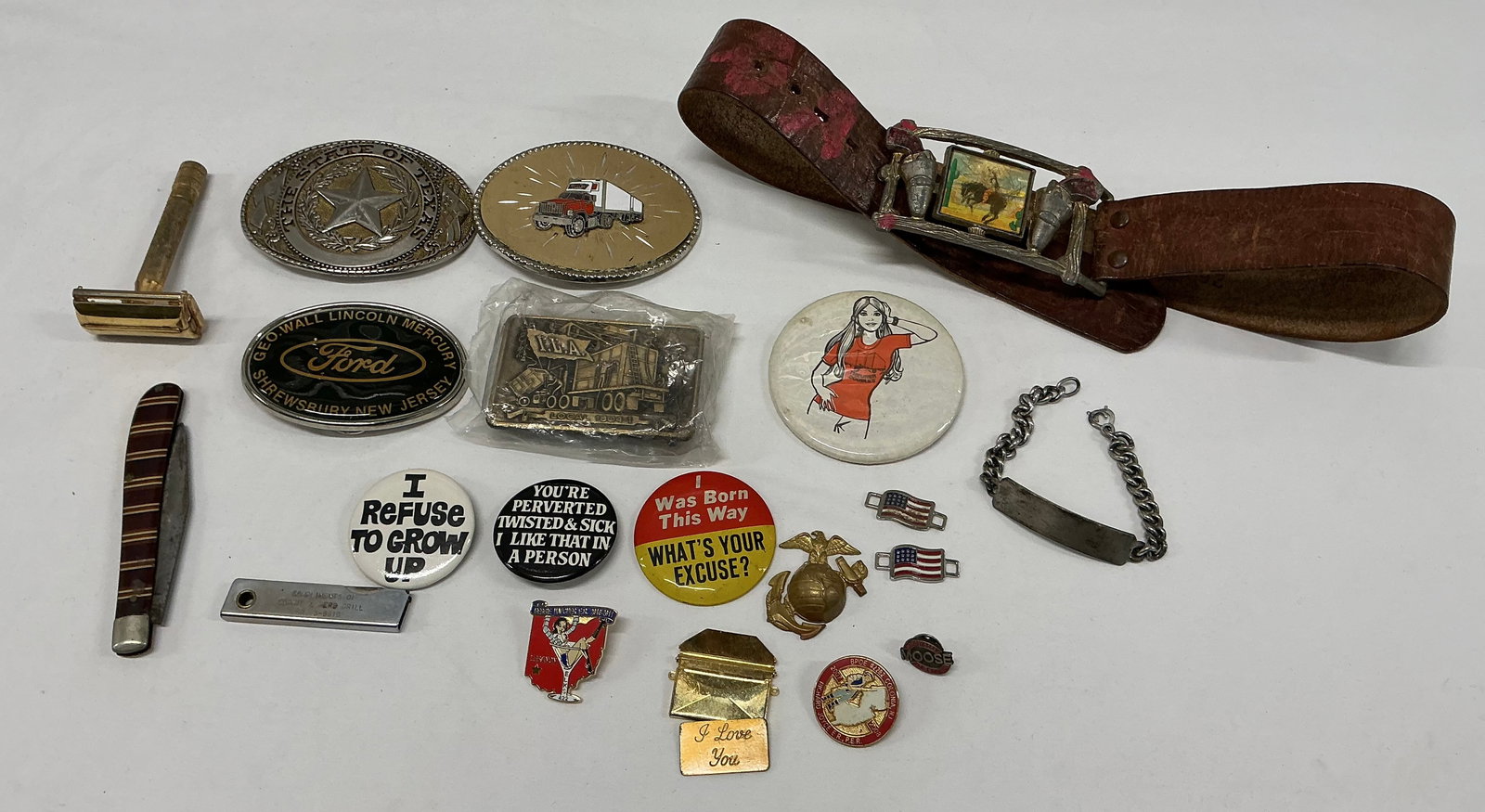 Vintage Belt Buckles, Pins, Pocket Knife & More: Largest Buckle 3.75 inches
