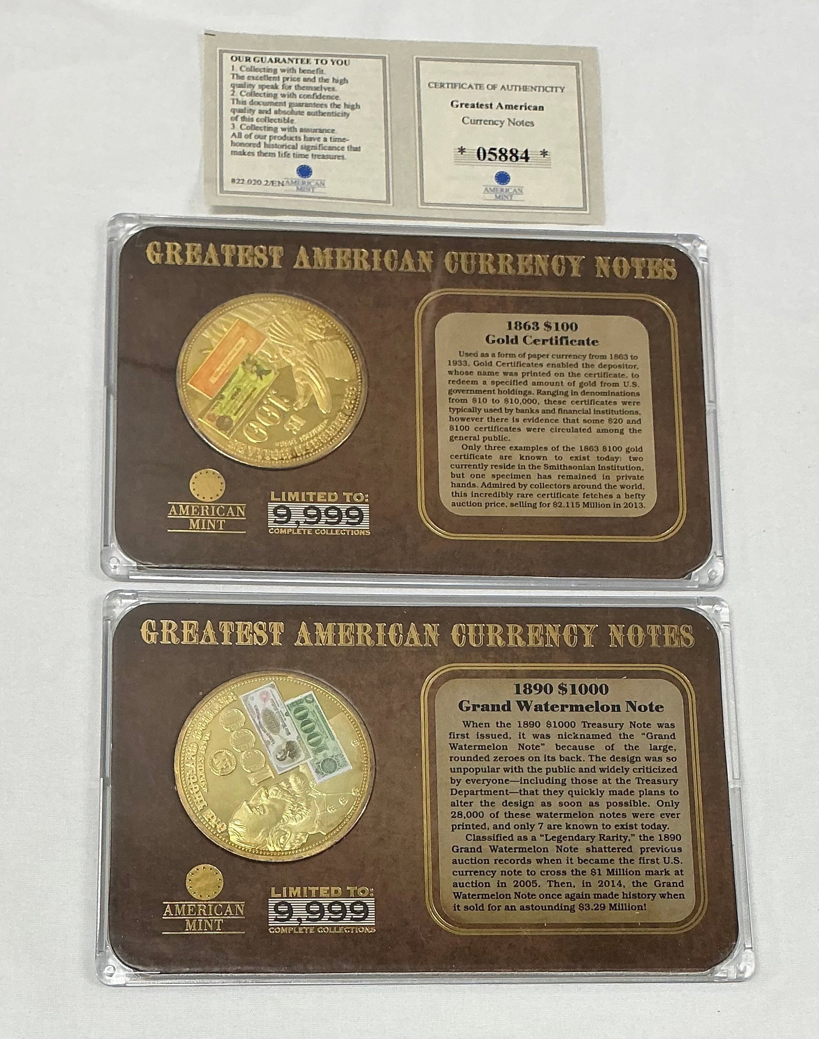 Greatest American Currency Notes Commemorative 24k Gold Layered Coins: American Mint Limited Edition