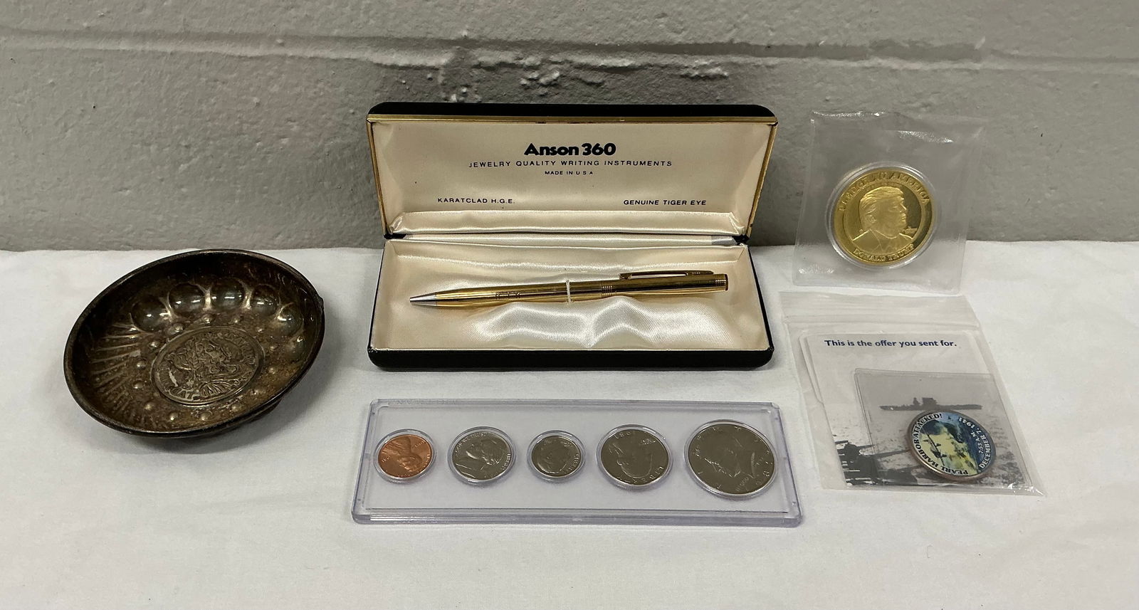 Anson Gold Clad Tigers Eye Pen Donald Trump Coin Silver Plate Sommelier Tasting Bowl (1 of 7)