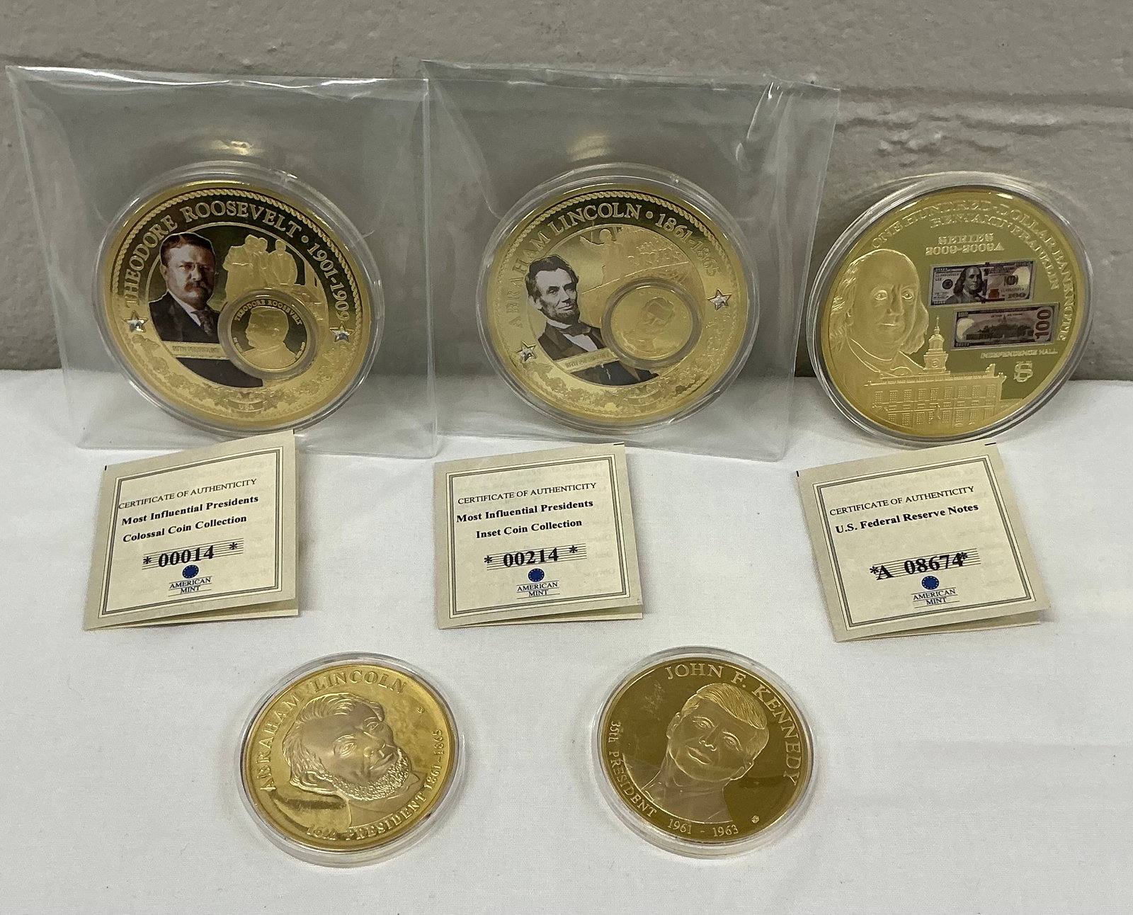 US Presidents & Federal Reserve Notes Coin Collection Layered in 24k Gold: American Mint 2-2.75 inch coins
