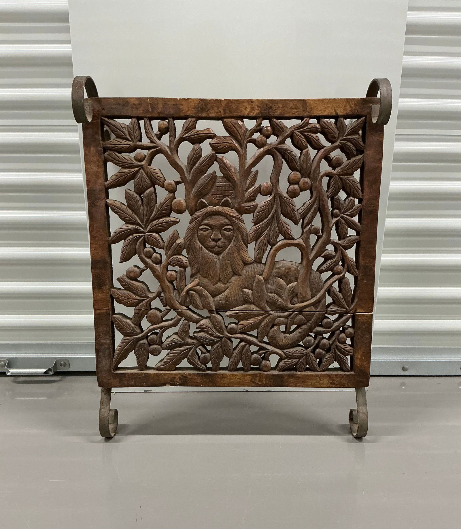 Carved Wood Lion Cat Open Work Wall Sculpture Metal Scroll Detail (1 of 5)