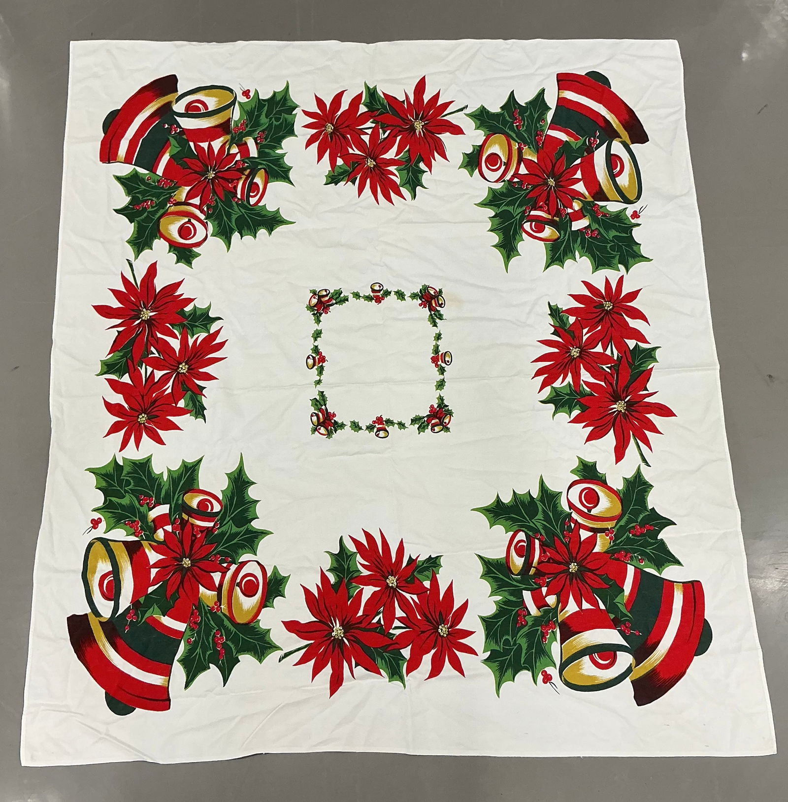 Vintage Christmas Bells & Poinsettia Tablecloth: 52x45
