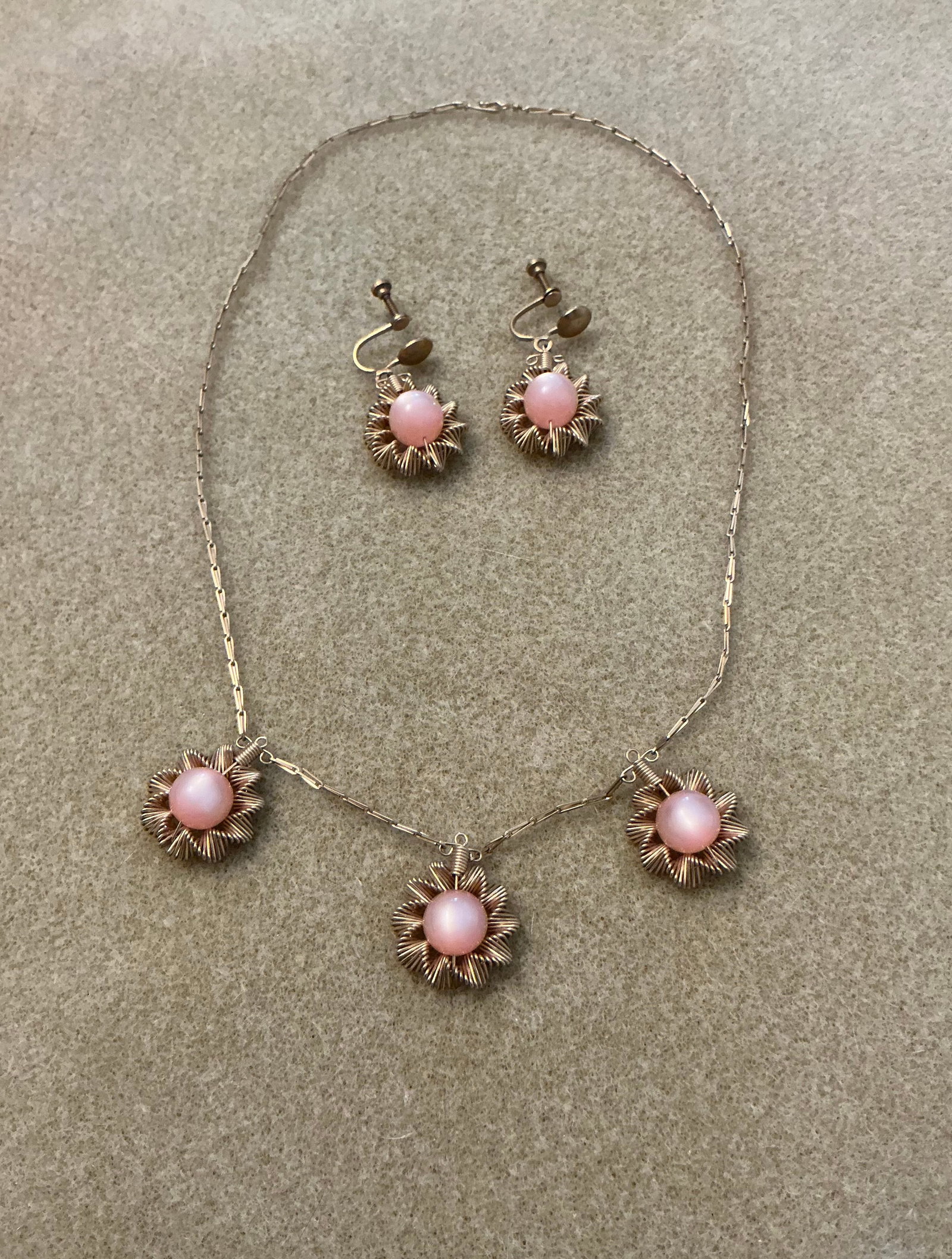 Vintage Pink Moonstone Demi-Parure: Necklace 16.75 inches