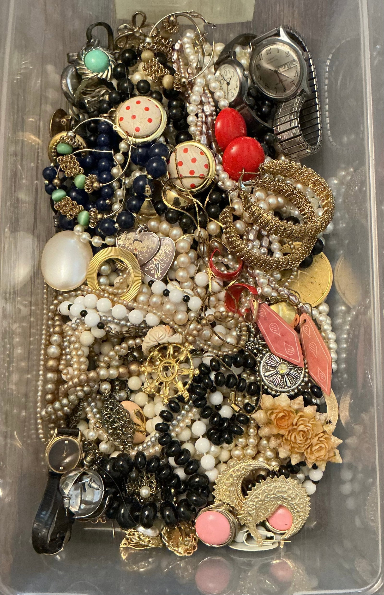 Box Lot of Mostly Vintage Jewelry: Necklaces, Watches, Earrings…