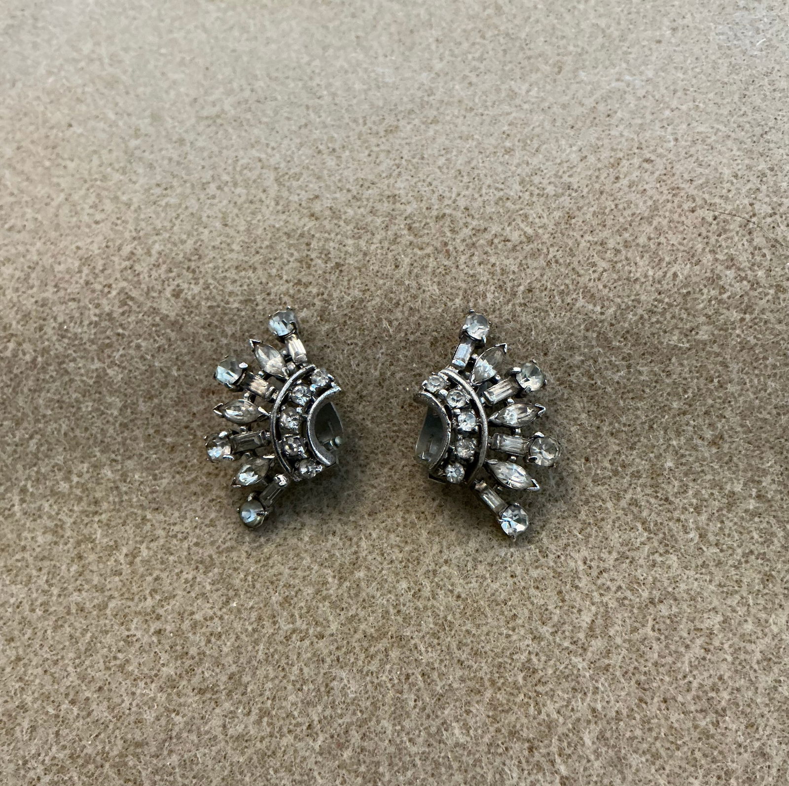 1940s Crown Trifari Sterling Silver Rhinestone Crown Clip Earrings (1 of 6)