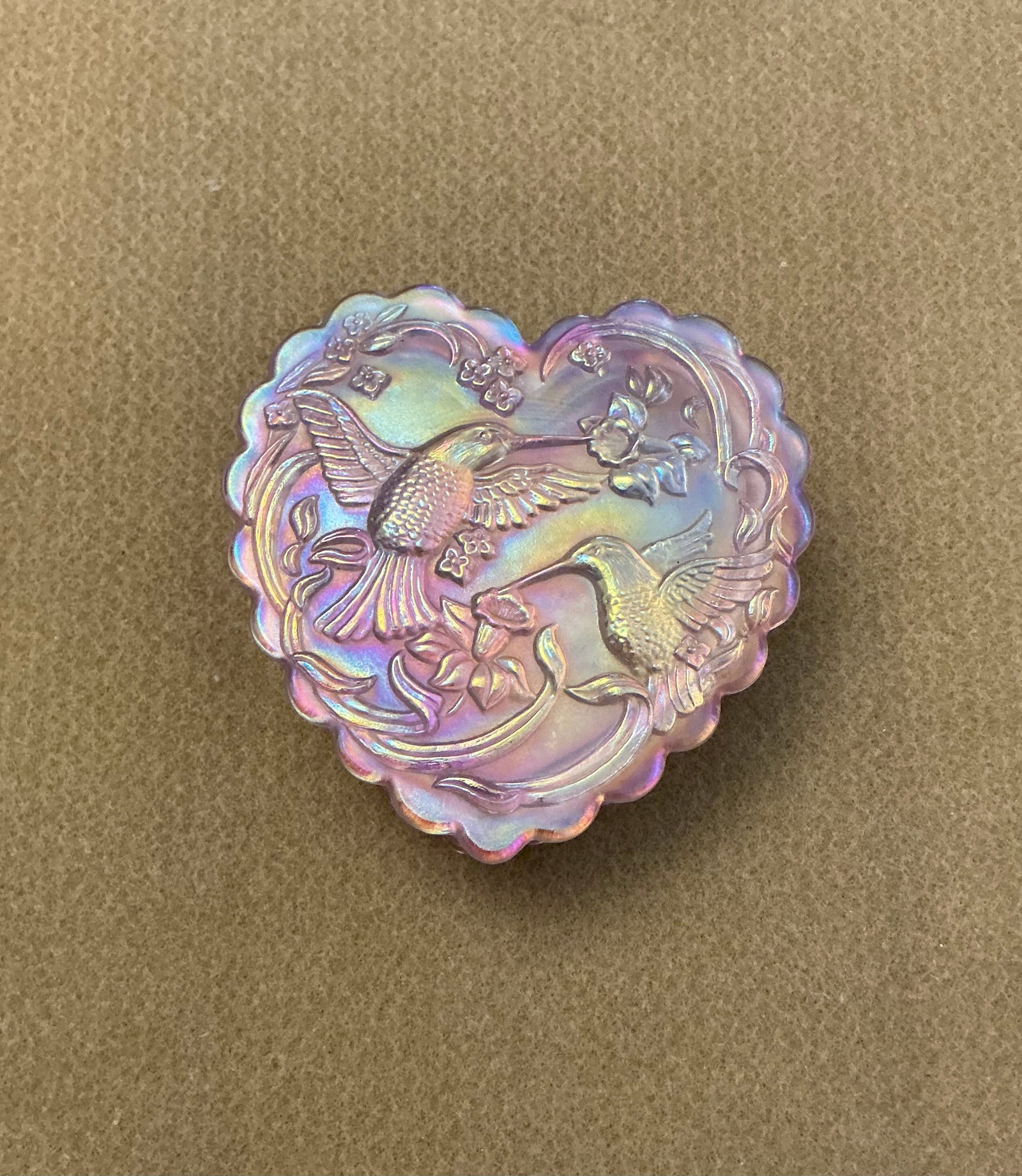Signed Fenton Pink Carnival Glass Hummingbird Heart Trinket Box: 4.25 inches
