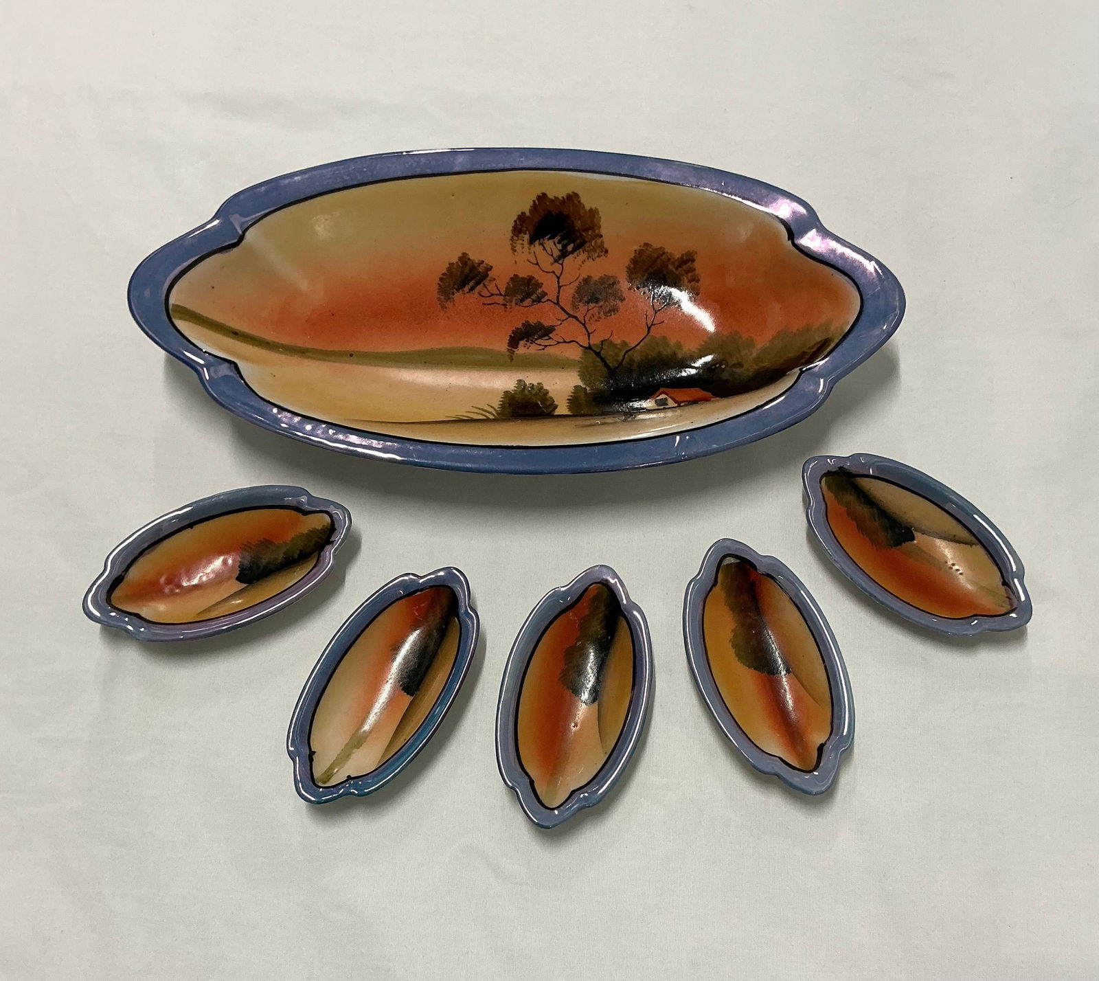1930s Tashiro Shoten Elephant Mark Lusterware Celery Dish With Sauce Cups (1 of 5)