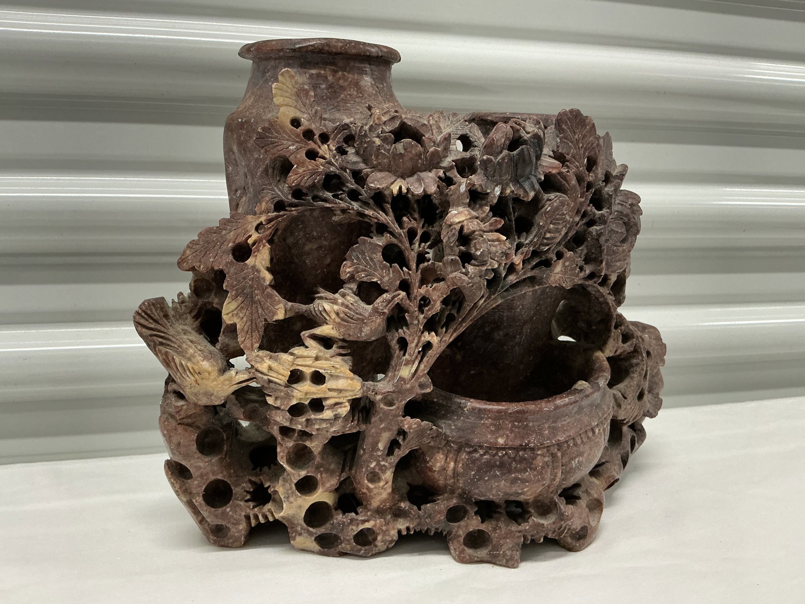 Chinese Carved Soapstone Spill Vase: 9.5 inches