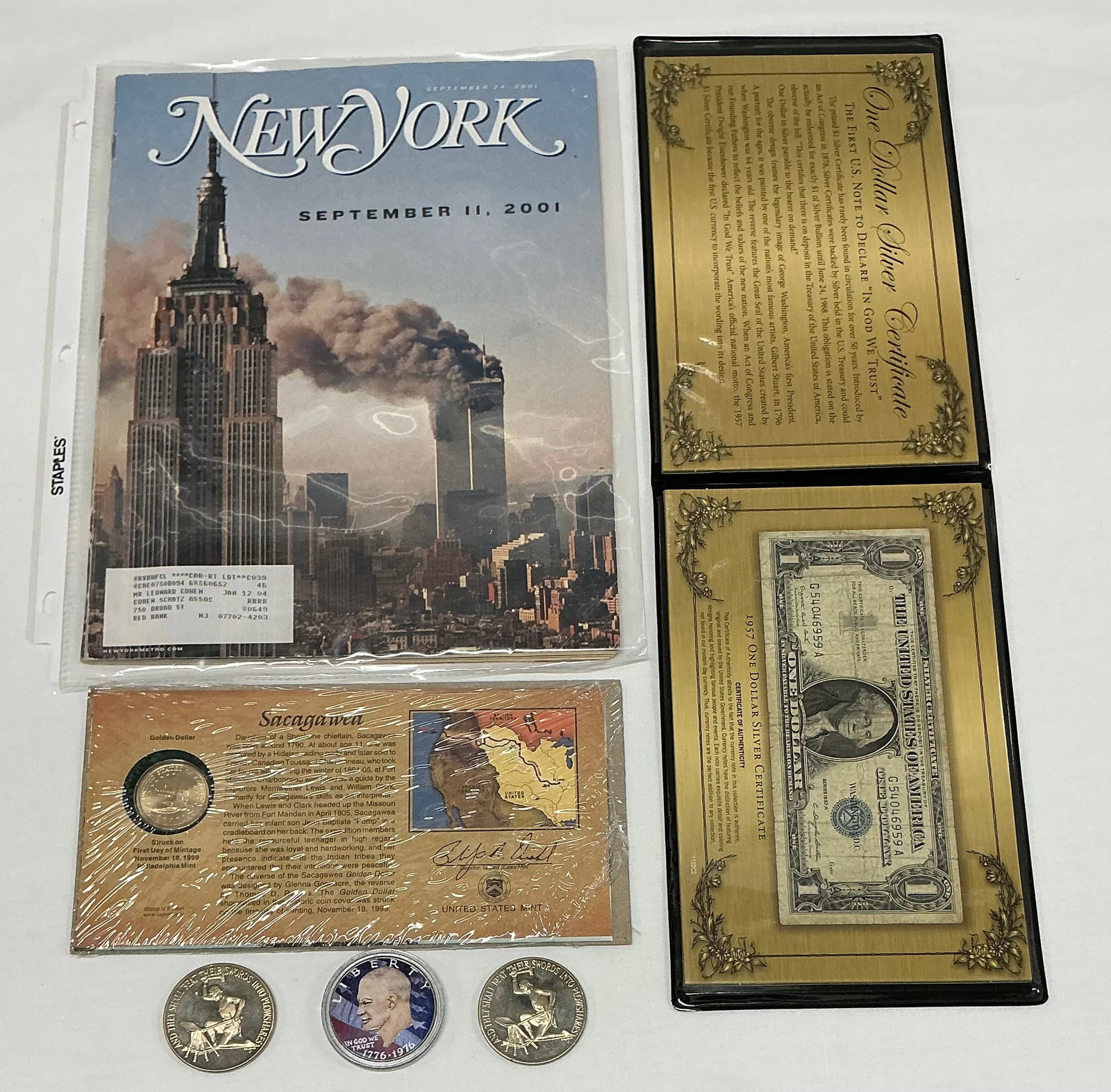 1957 Silver Certificate, Sacagawea & Other Coins, 9/11 New York Magazine: Bill, Coins