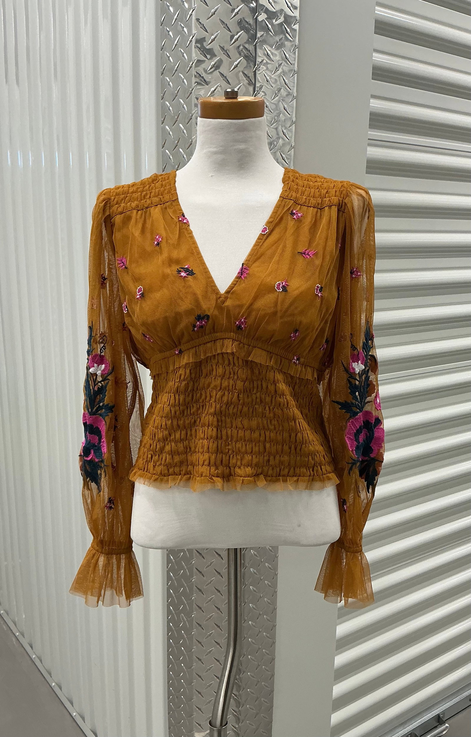 Anthropologie Sheer & Embroidered Detail Top: Size L