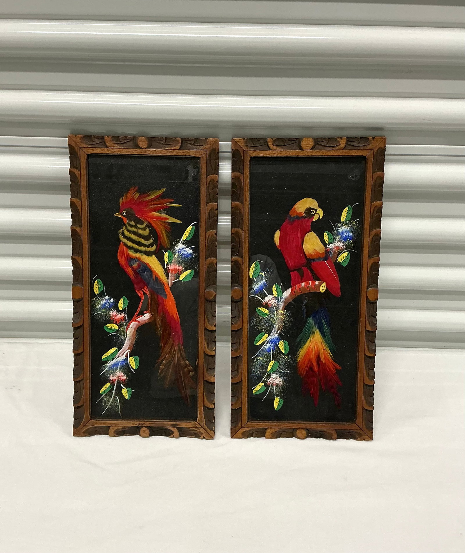 Pair of Vintage Real Feather Bird Artwork: 15.5x7.5