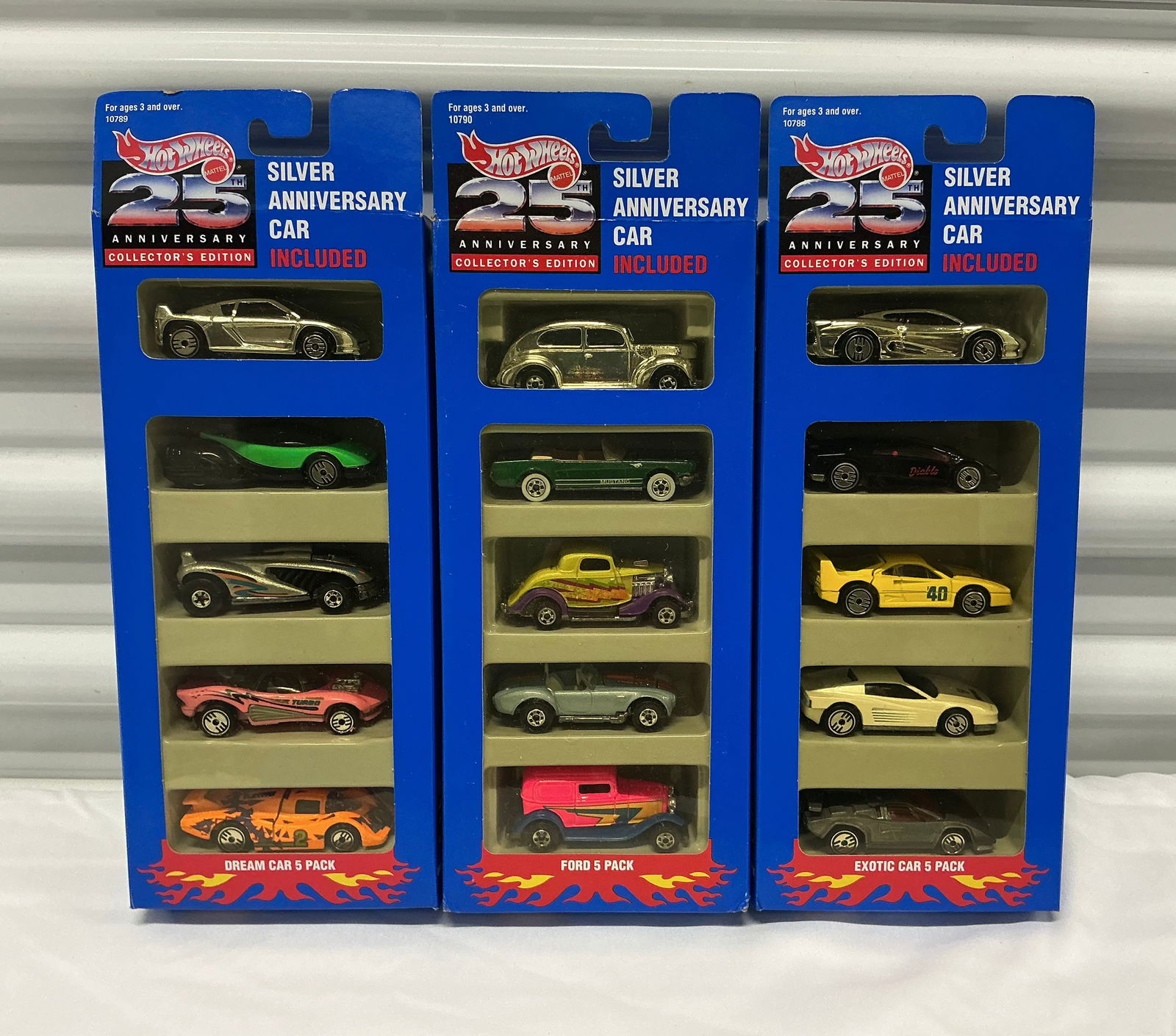 1993 Hot Wheels 25th Anniversary Collectors Edition Packs: Ford, Dream Car & Exotic Car - Each Including Silver Anniversary Car