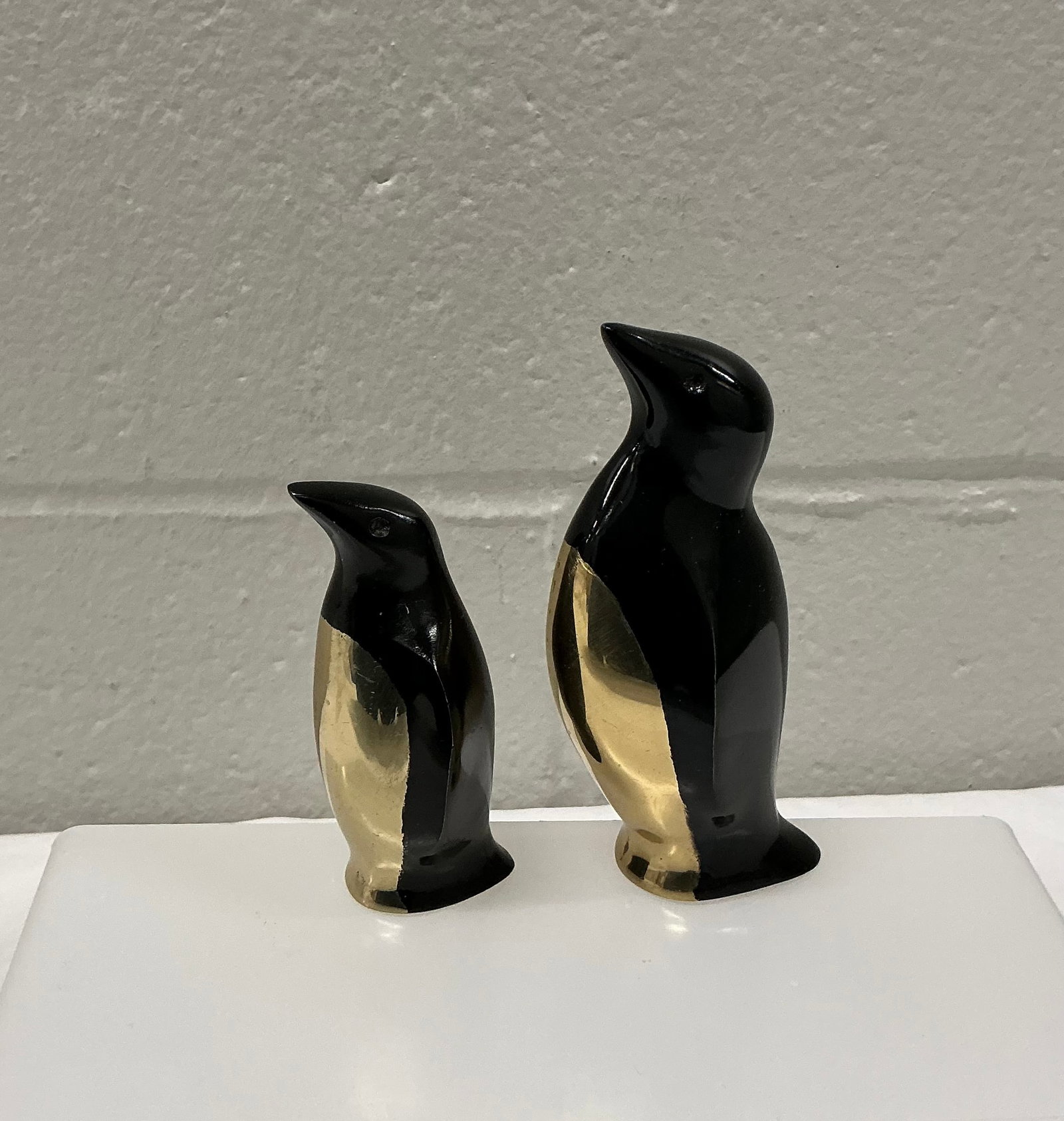 1980s Pair Of Brass Penguins Mother & Baby: Larger 4”