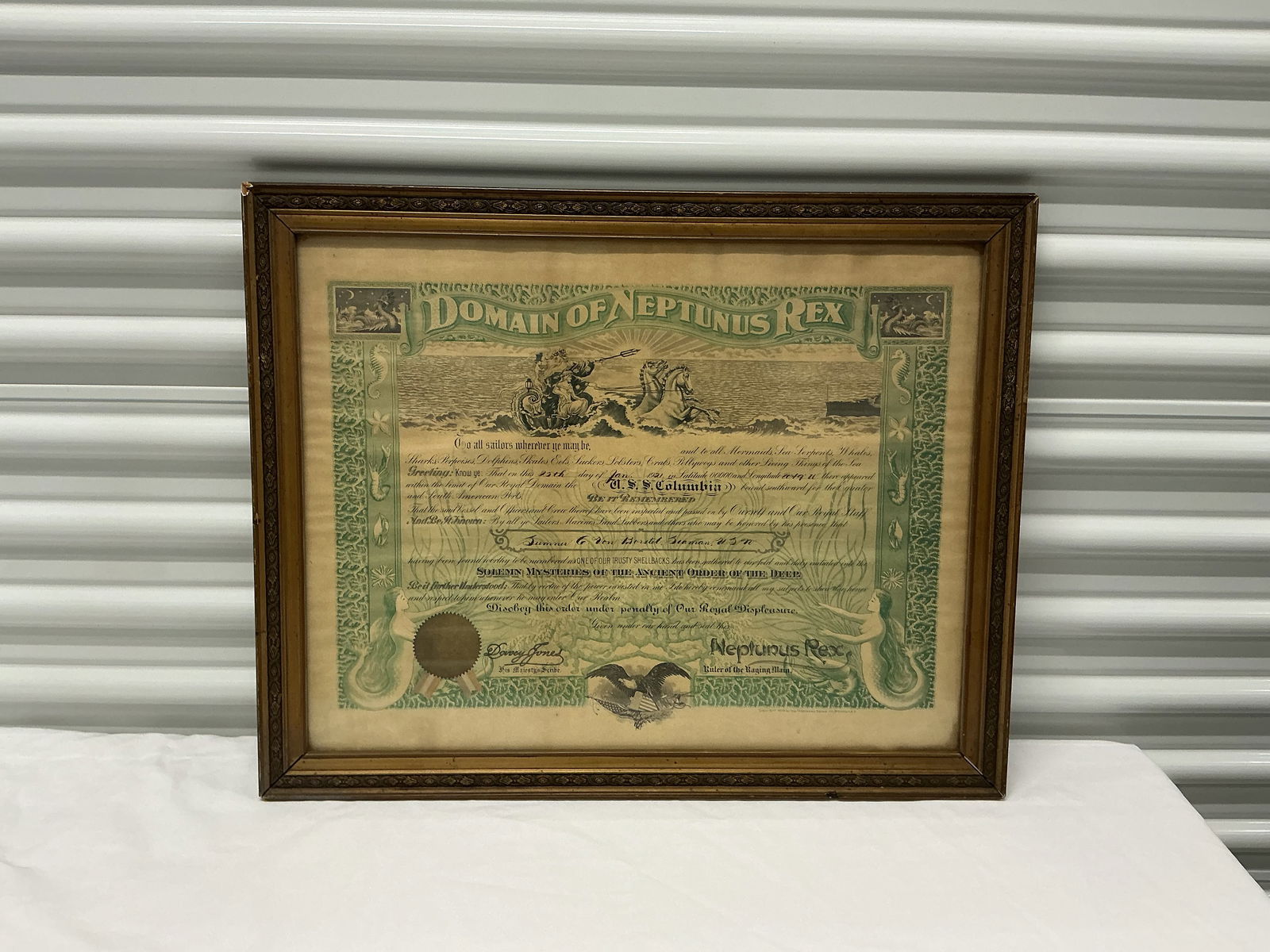 1921 Antique Domain Of Neptunus Rex US Navy Sailor Certificate USS Columbia (1 of 8)