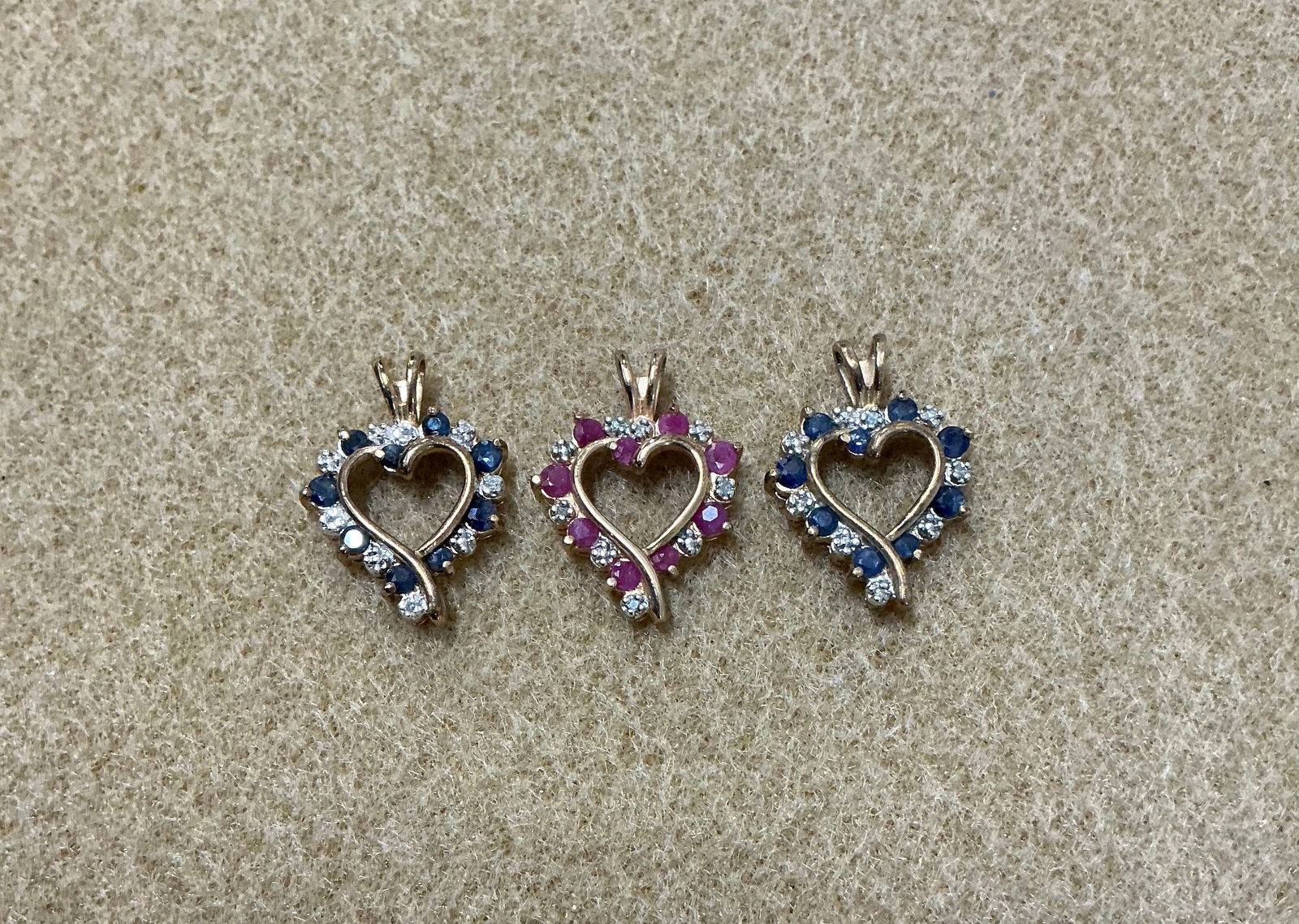 Ross Simons Diamond Ruby & Sapphire Heart Pendants: Marked 925 with R Hallmark. Untested approximately 1”