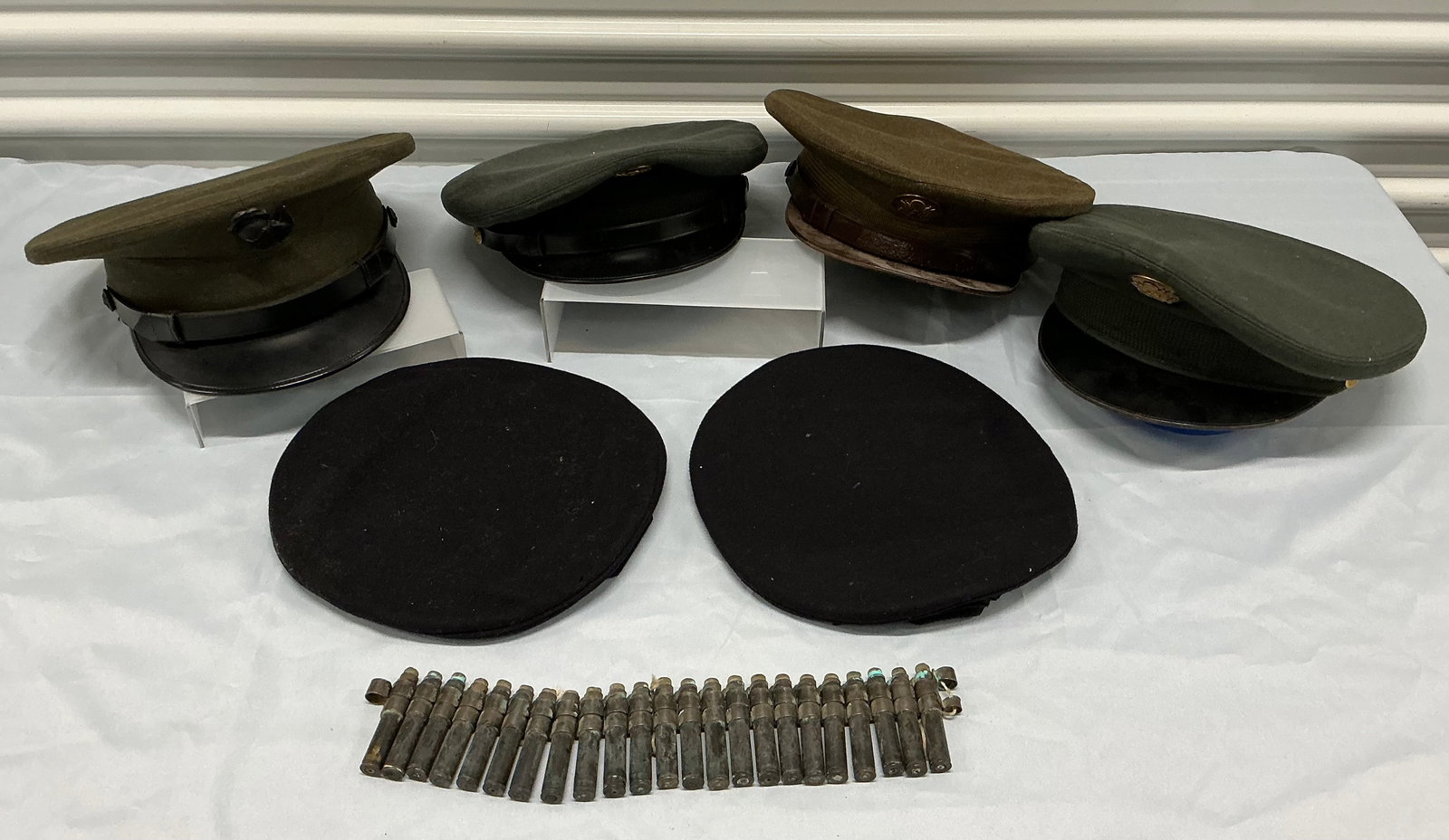 Vintage Military Hats & Ammo Belt: WW II Era?Inert Partial Ammo Belt 13”