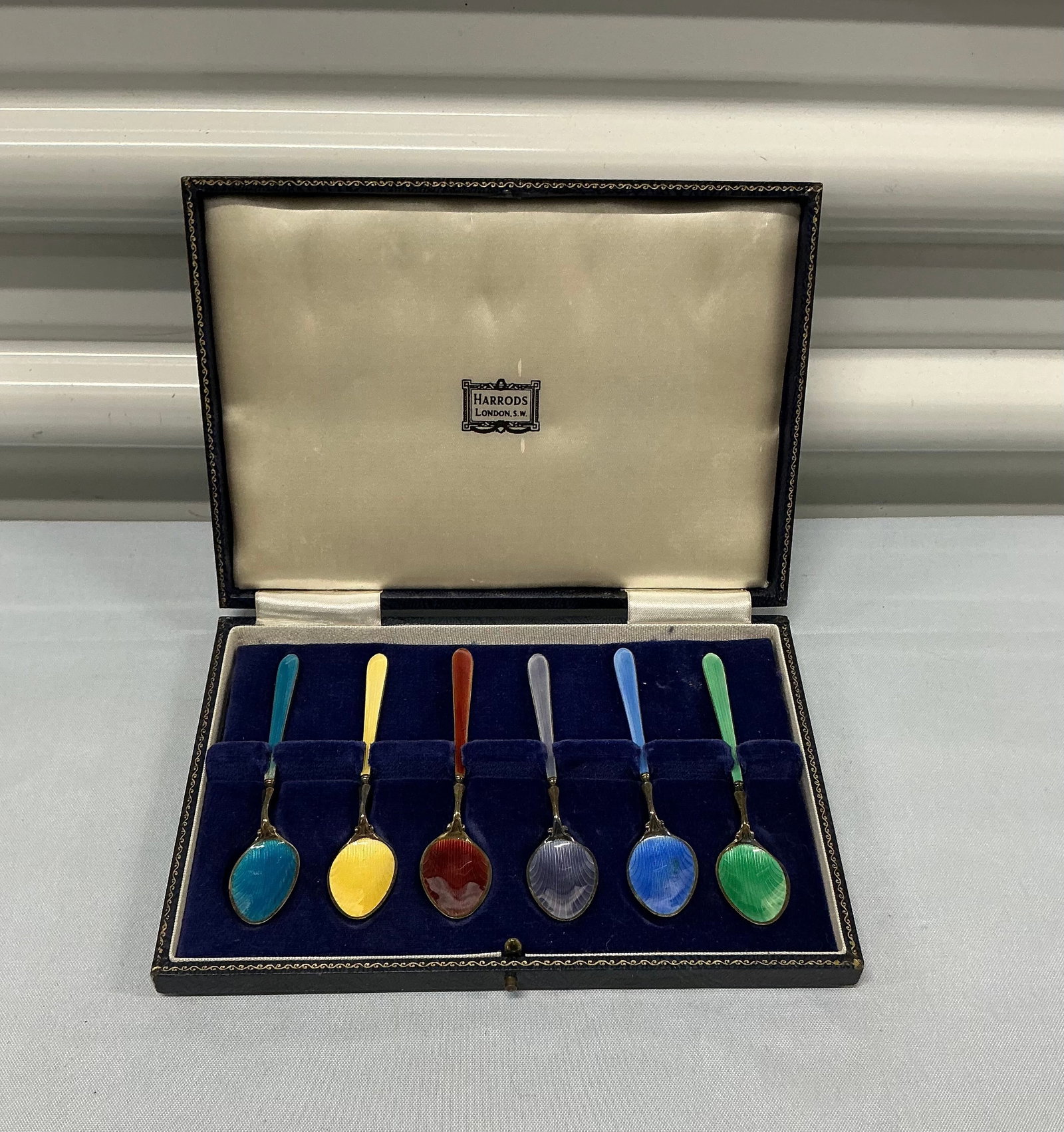 Harrods London Boxed jSilver & Enamel Demitasse Spoon Set: Makers Mark As Shown
