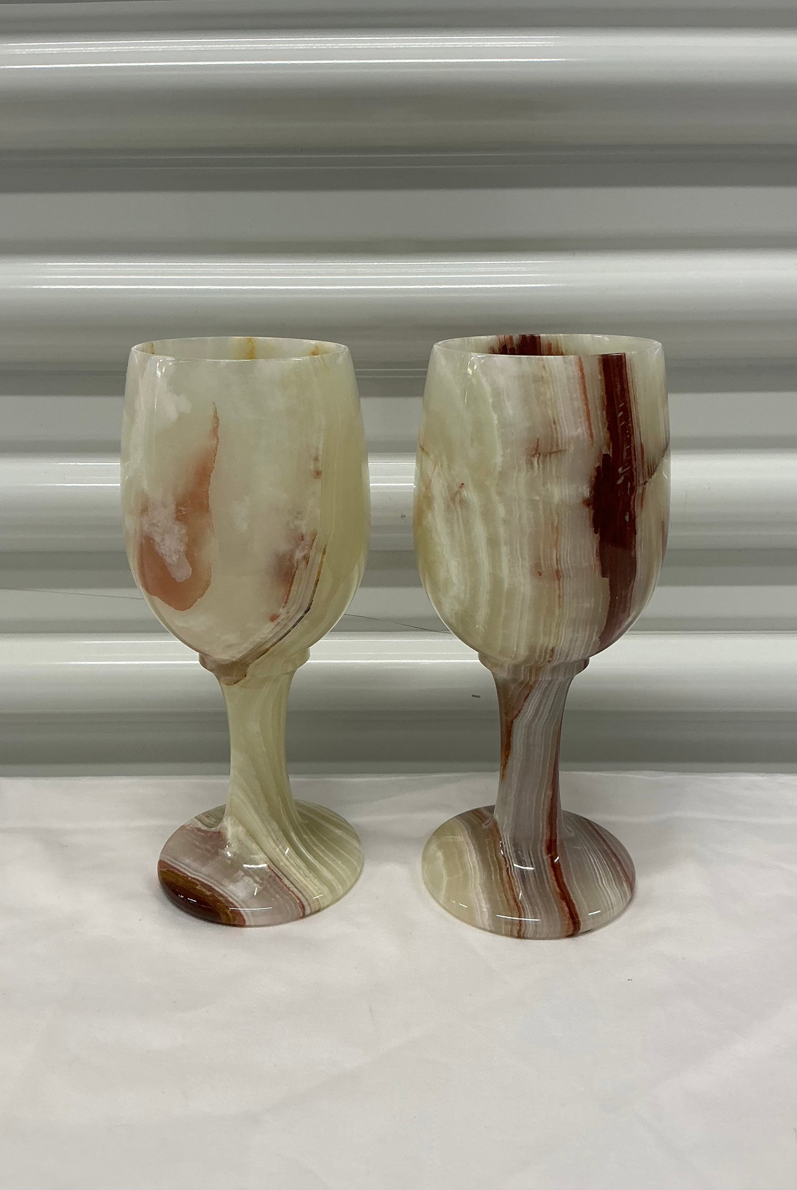 Pair Of Vintage Onyx Marble Natural Stone Wine Goblets: 7.5 inches