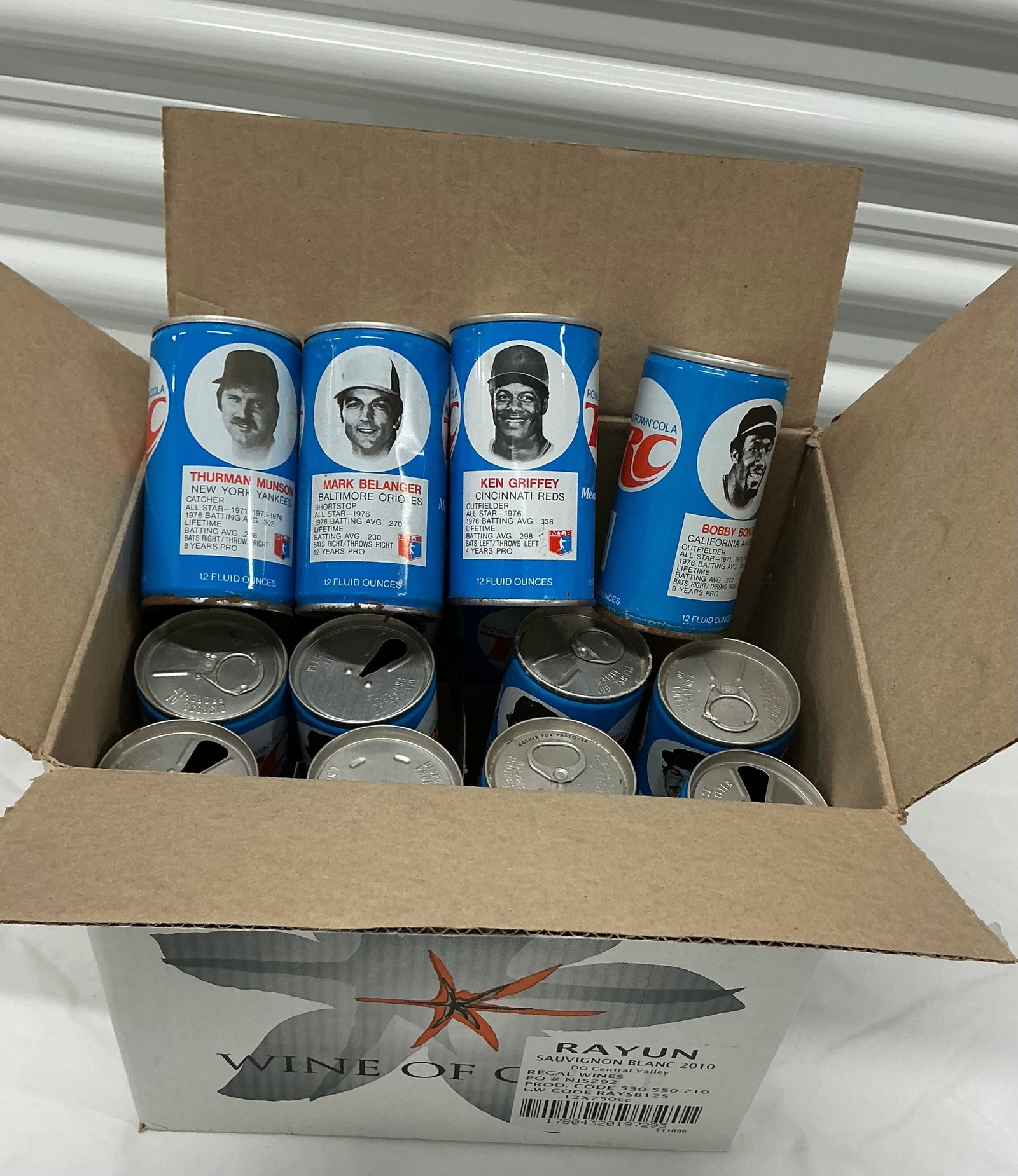 Box Full Of 1970s Royal Crown Baseball Player Cola Cans: All Empty. 27 Cans Sample Shown