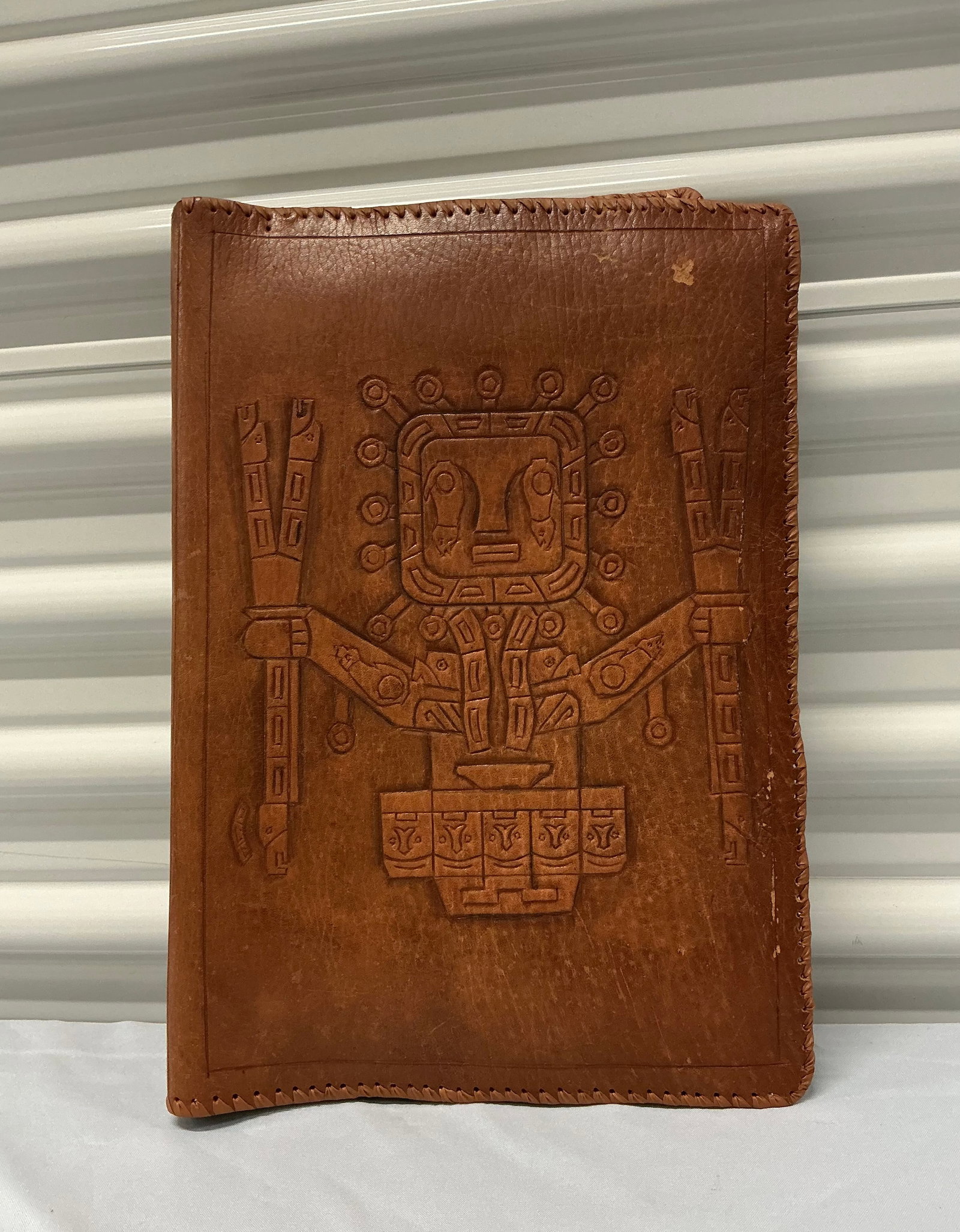 Vintage Hand Tooled Leather Portfolio Featuring Pre-Inca God Viracocha: 14.5 in tall