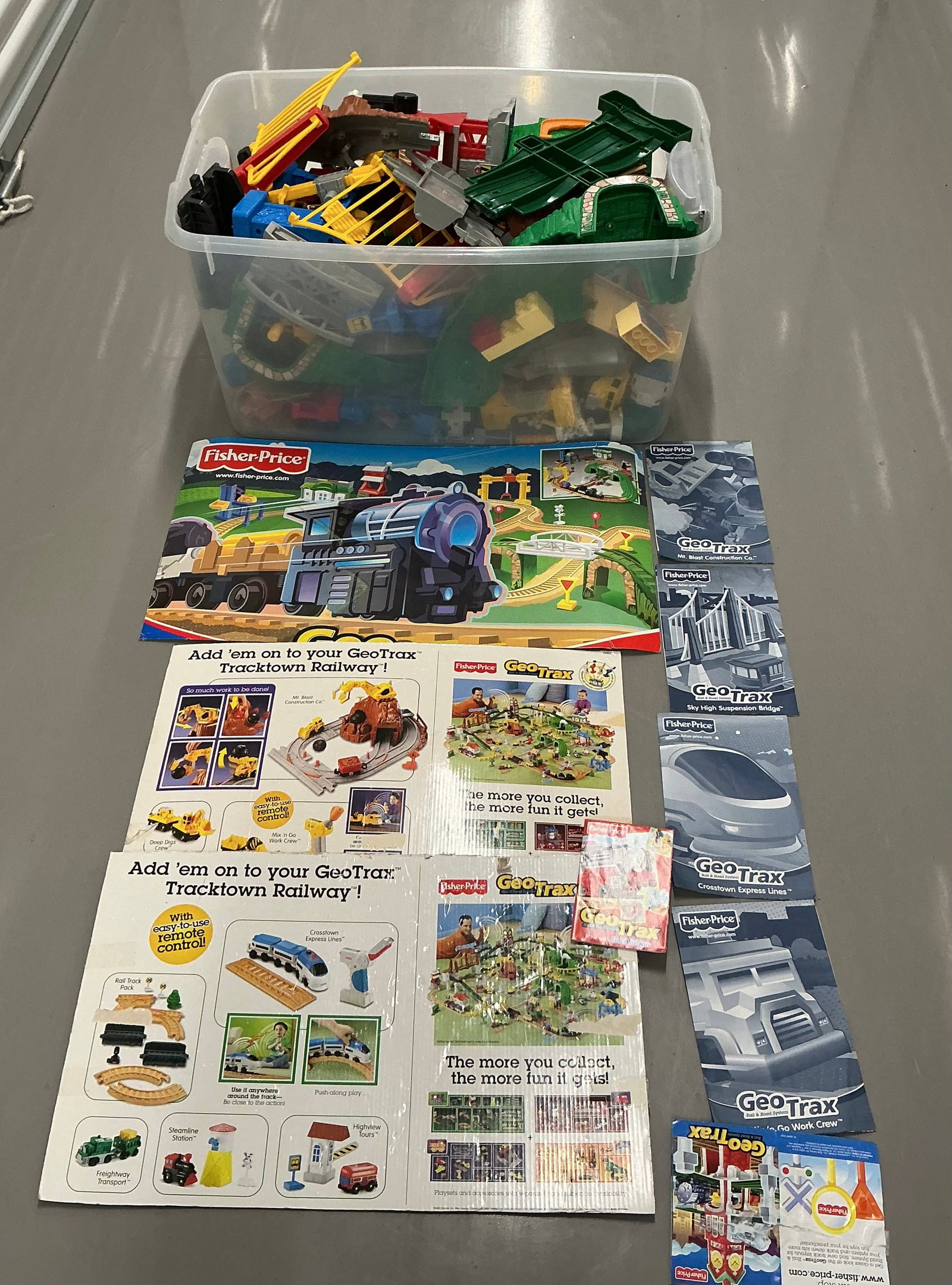 Tote Full Of Fisher Price Geo Trax Sets: Not checked For Completeness Extra Handling Fee To Ship