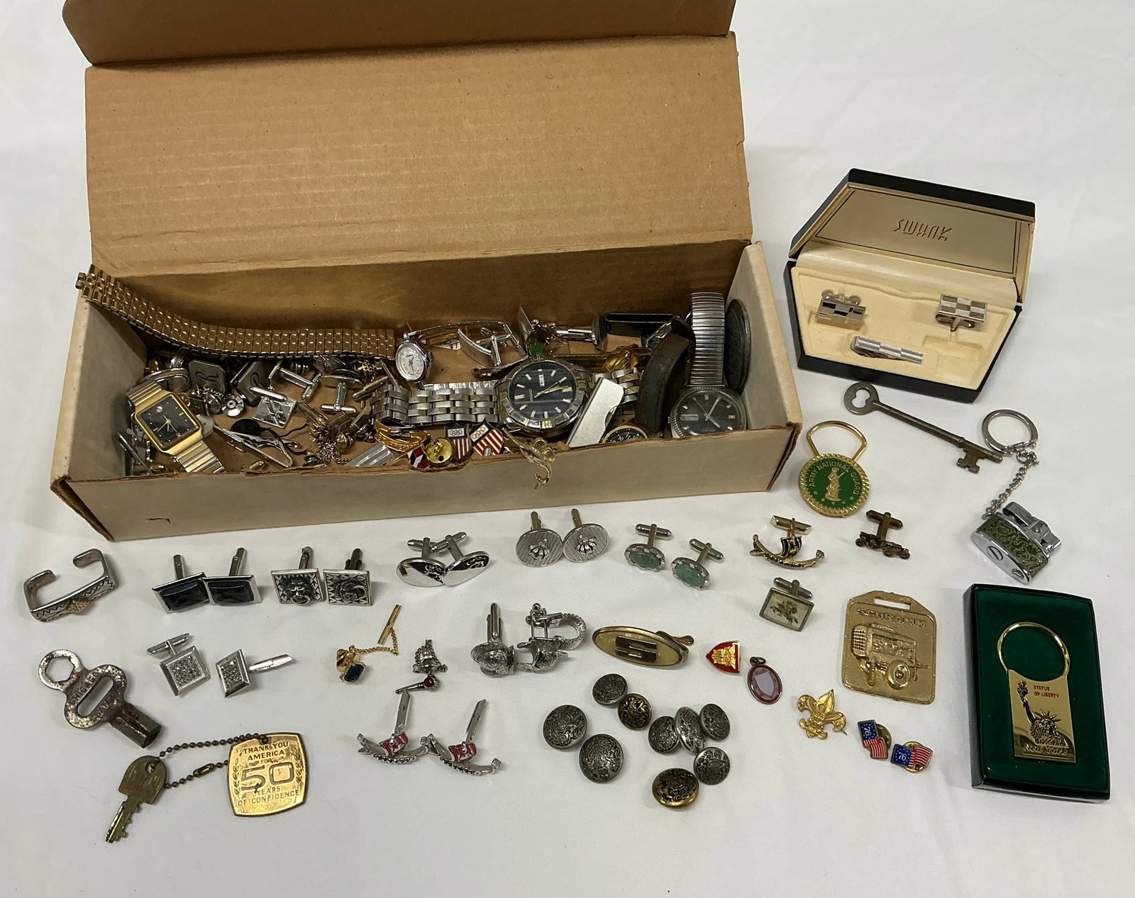 Box Of Watches Cufflinks Tie Tacks Pins: Watches are Untested