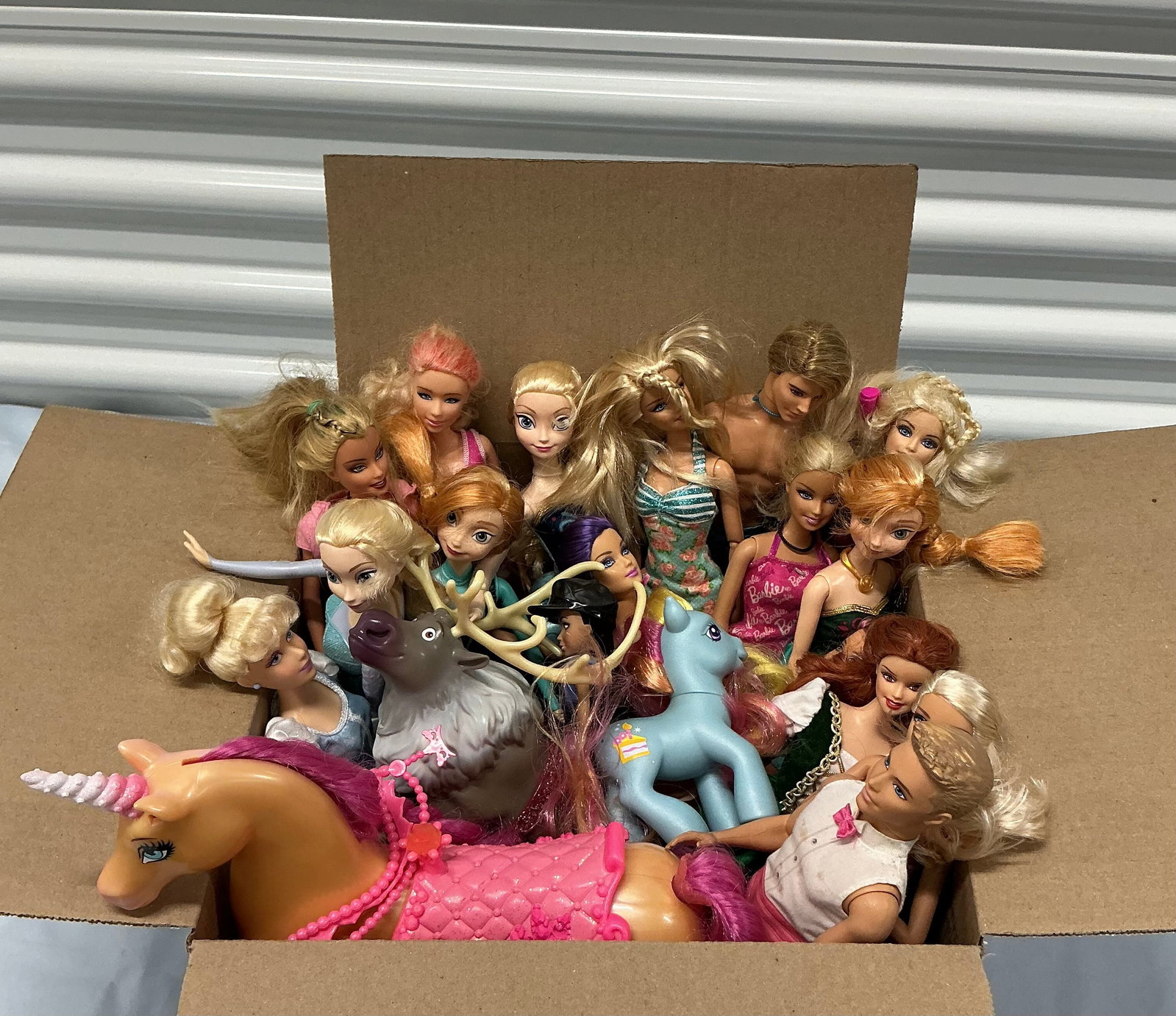 Box Of Disney & Barbie Dolls: Barbie Fairytale Magic Unicorn Frozen Reindeer & My Little Pony
