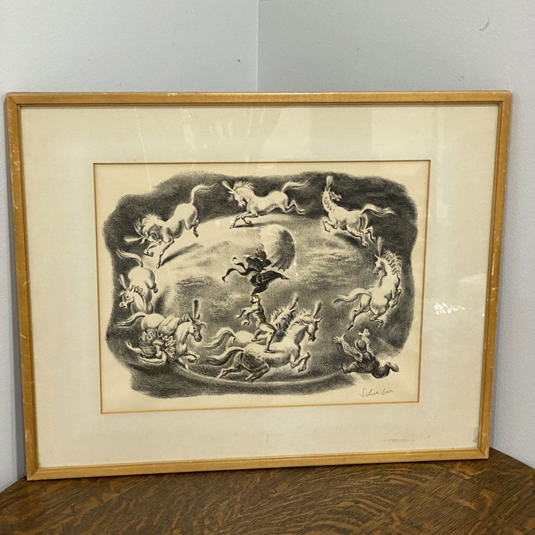 Signed Georges Schreiber Circular Motion Lithograph Art: The size is 14" wide 11" tall without the frame.