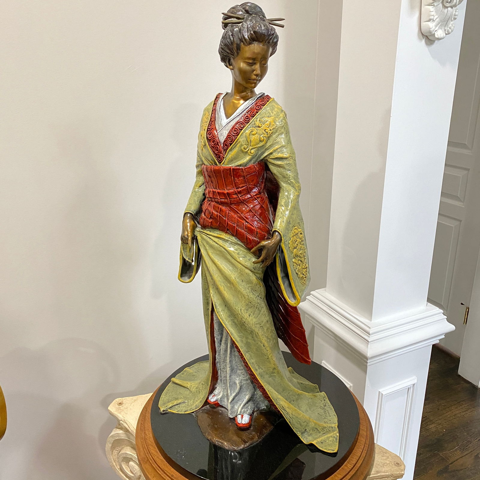S. Vertel Bronze Geisha Statue Sculpture Signed Numbered 42 of 44 Attached To A Rotating Pedestal: The size is 32” tall 16” diameter.