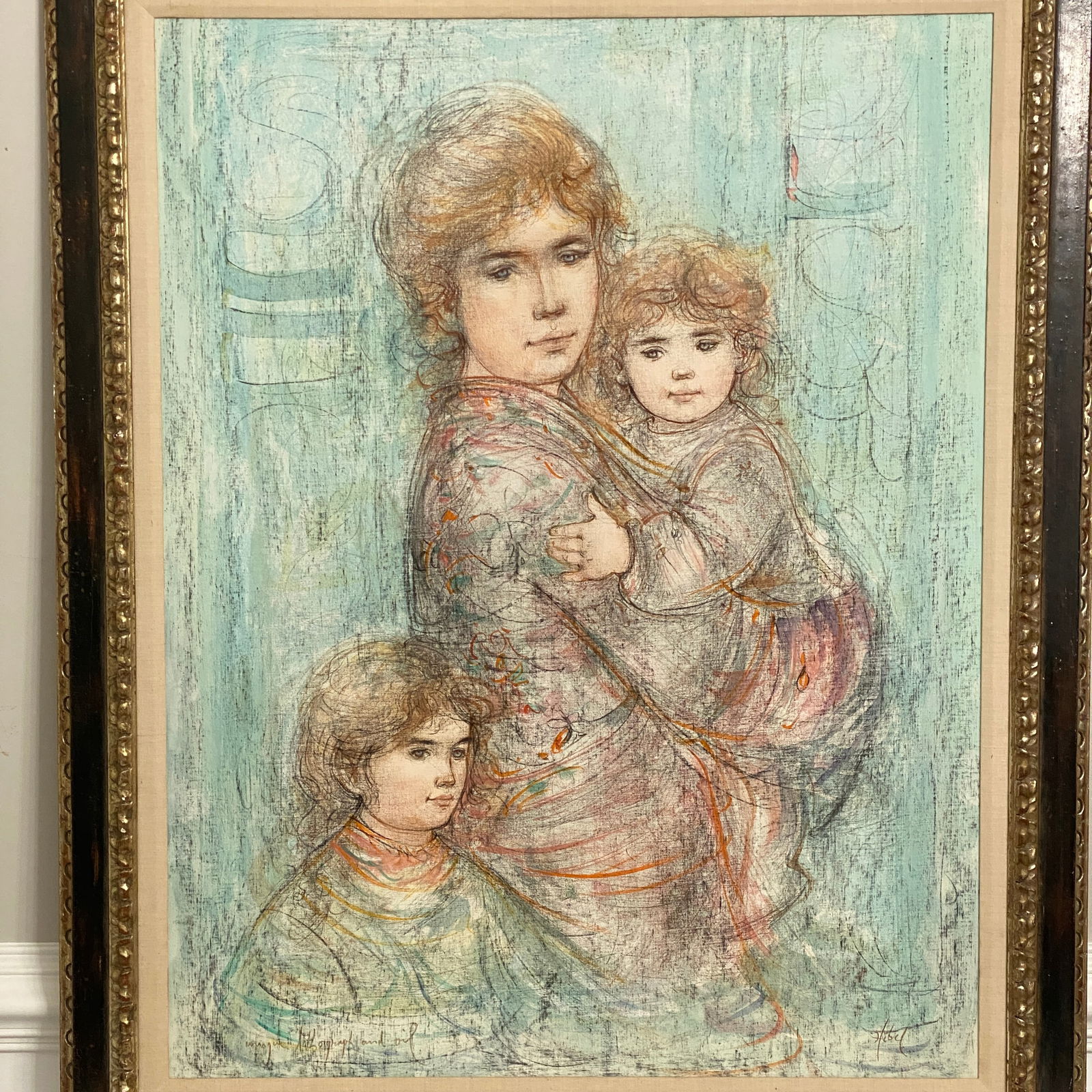 Edna Hibel Oil On Board Lithograph Art: The picture size is 32” wide and 40” tall.