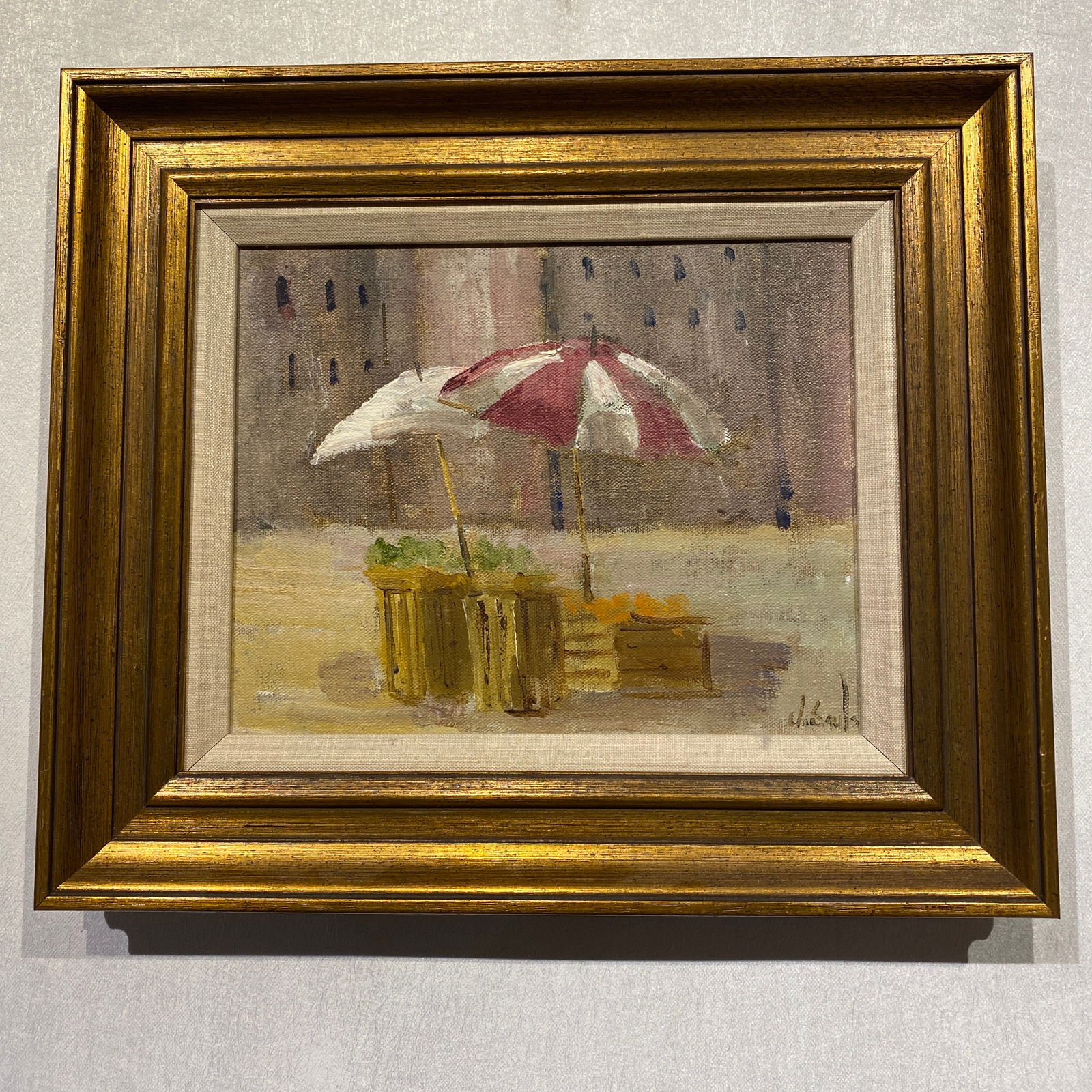 Umbrellas In Front Of A Cityscape Original Oil On Canvas Painting Framed Art: The picture size is 10” wide 8” tall.