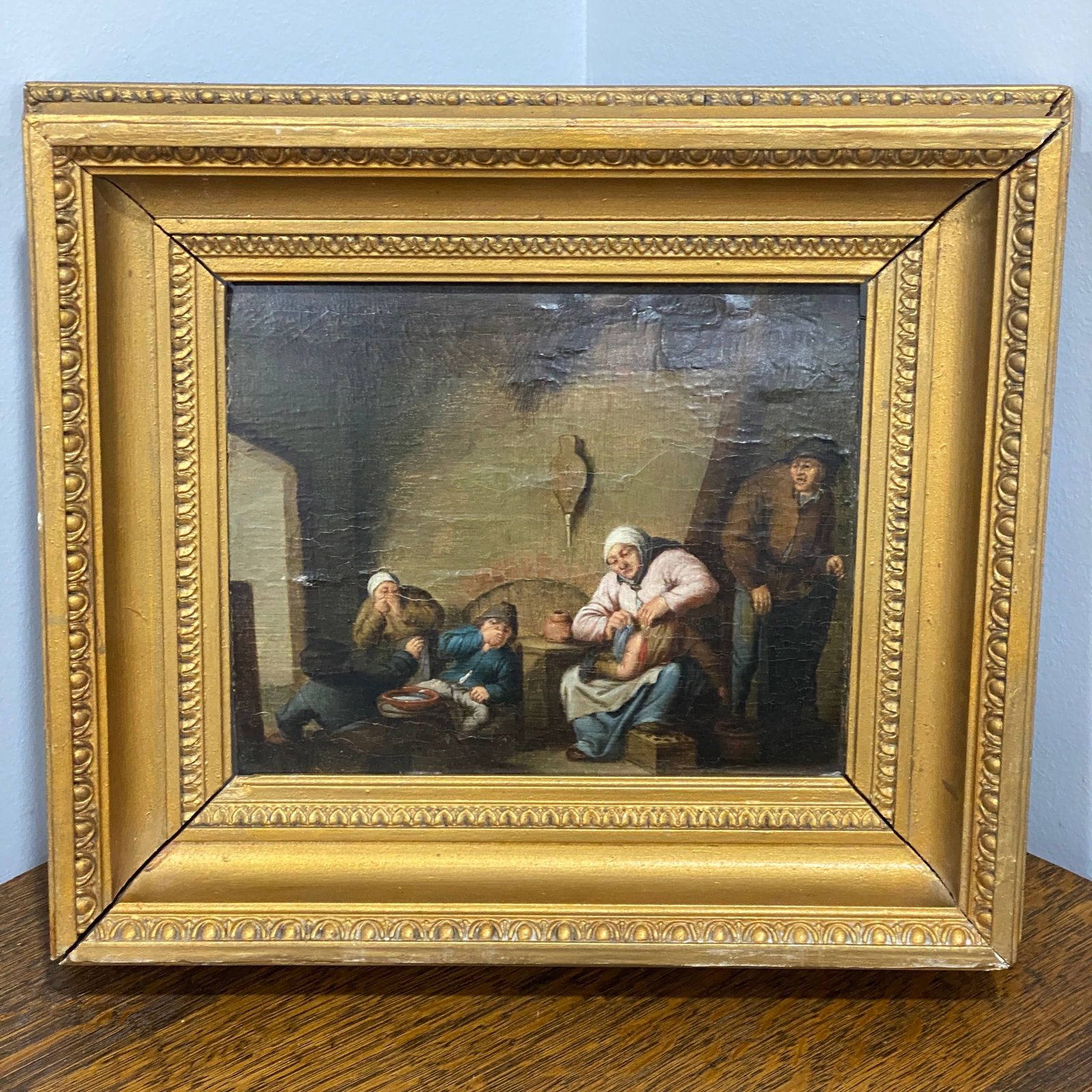 Titled Changing Diaper Original Framed Oil Painting On Board Seems To Be From The 16th Century: The picture size is 8” tall 10” wide.