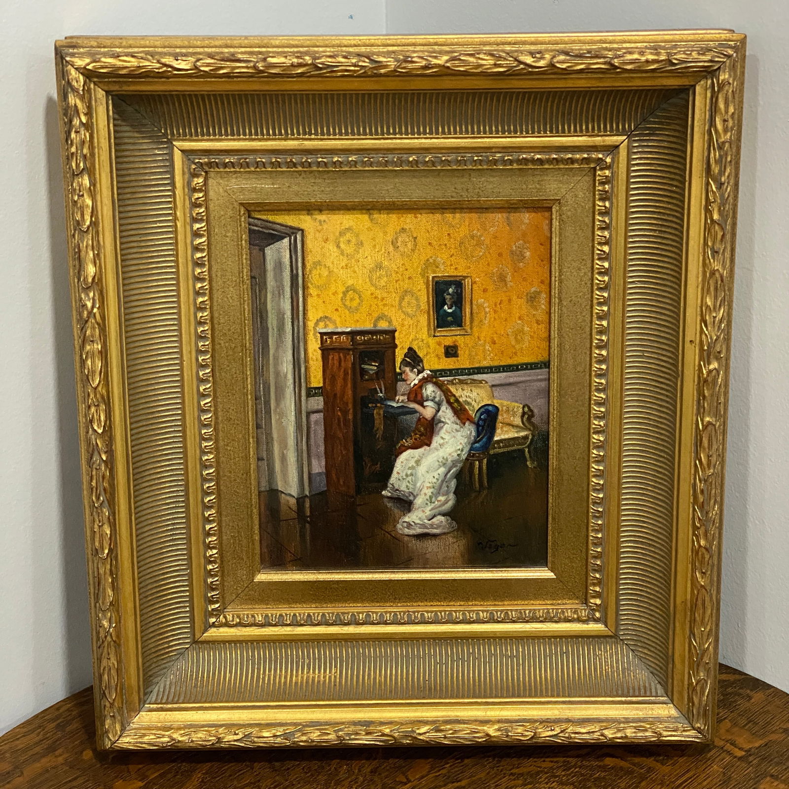 Woman In Front Of Her Dresser Framed Reproduction Oil Painting Art: The picture size is 10” wide 7.5” tall.