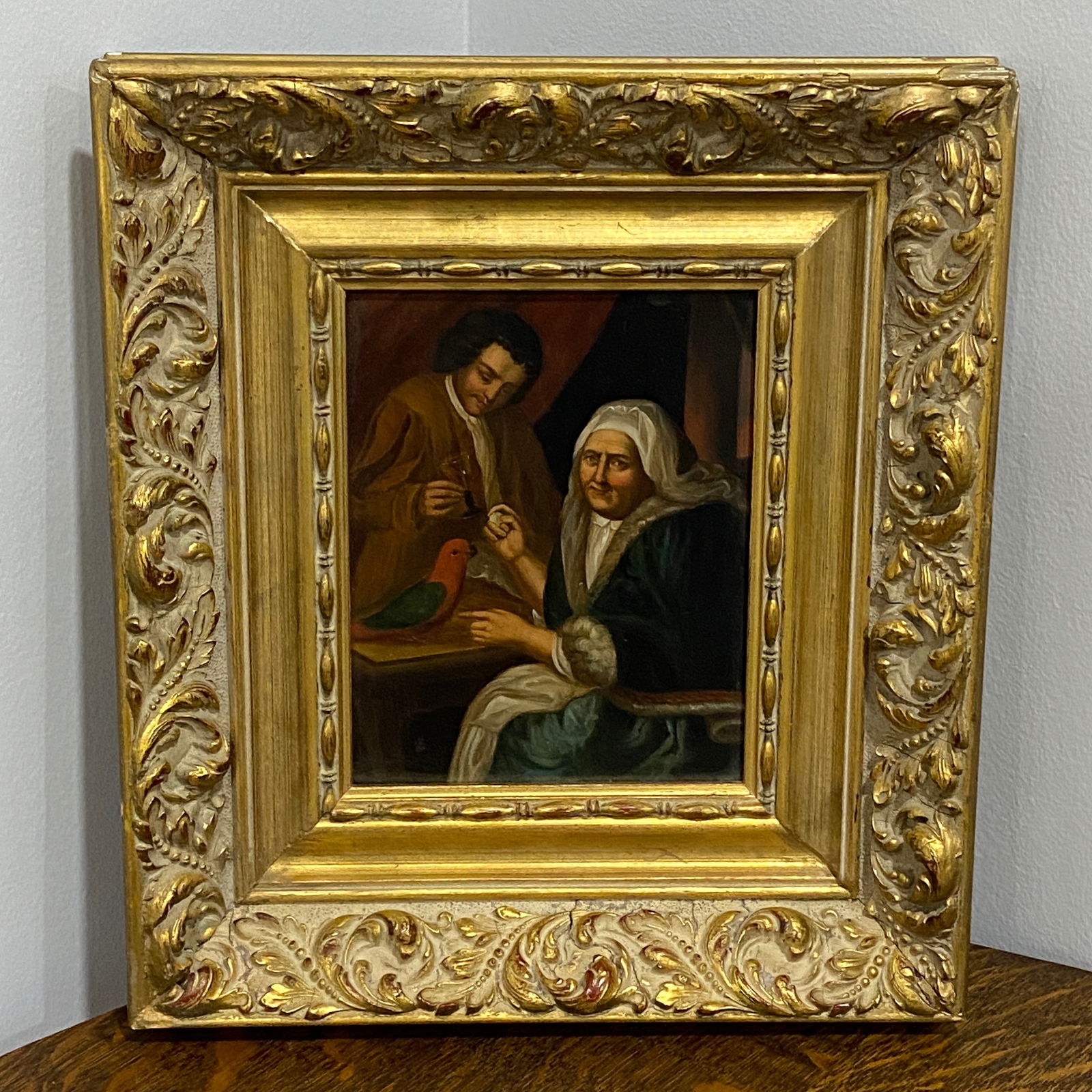 Lady With The Parrot Reproduction Oil Painting Art On Metal With A Wood Frame: The picture size is 7.5” tall 5.5” wide.