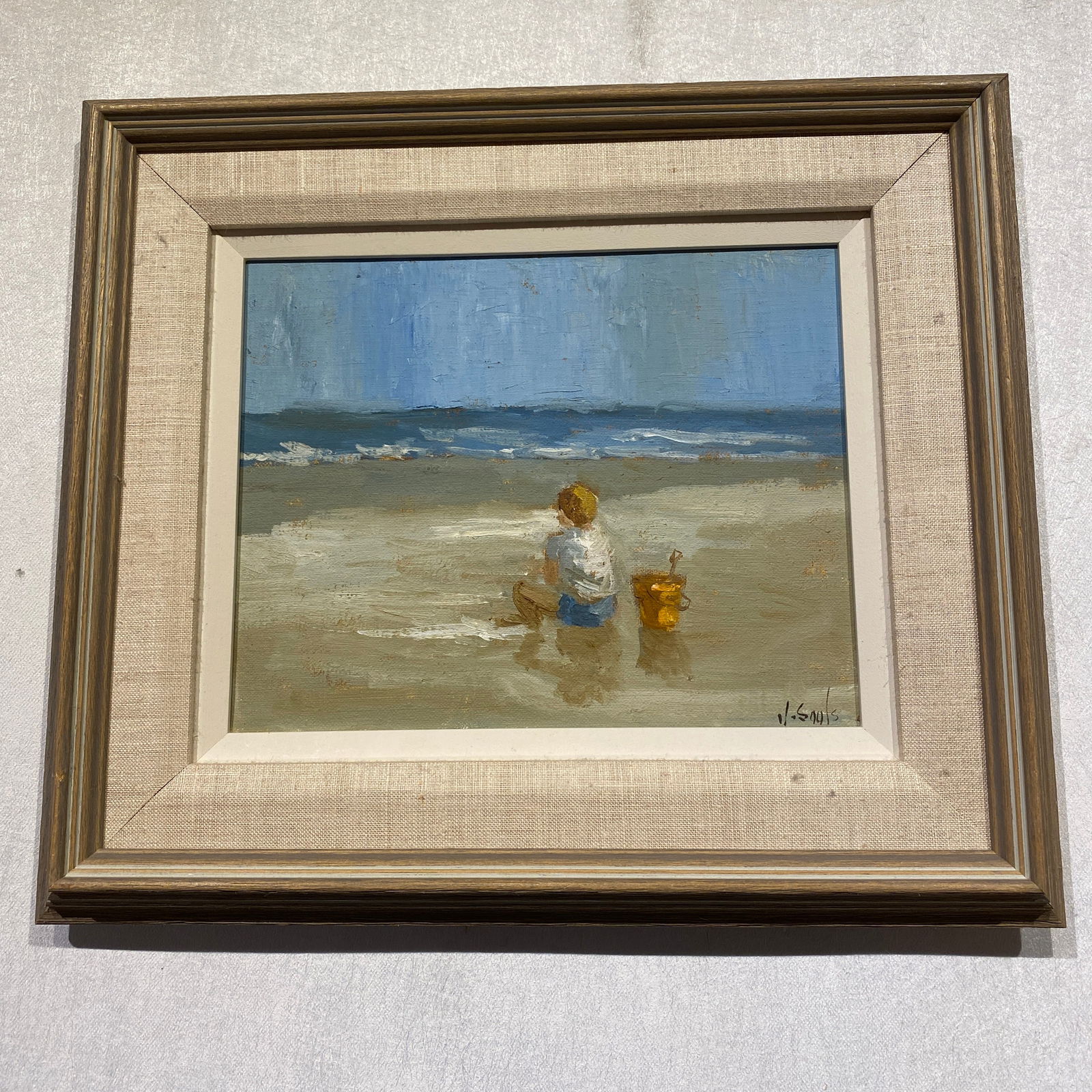 A Boy With Shovel + Bucket At The Beach Original Oil On Canvas Painting: The picture size is 10” wide 8” tall.