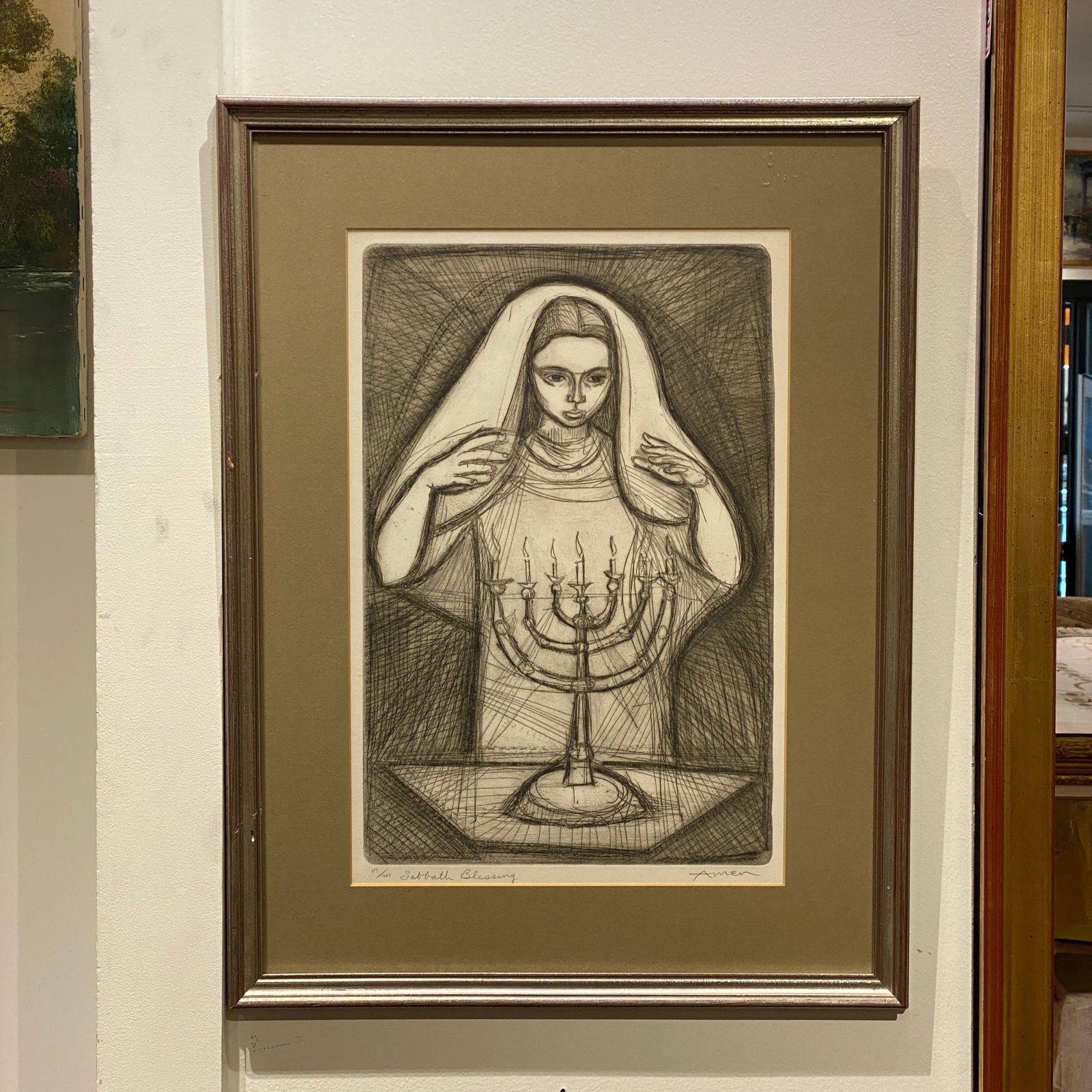 Irvin Amen Sabbath Blessing Jewish Shabbat Hand Colored Etching Art: The total size is 19” wide 24” tall.