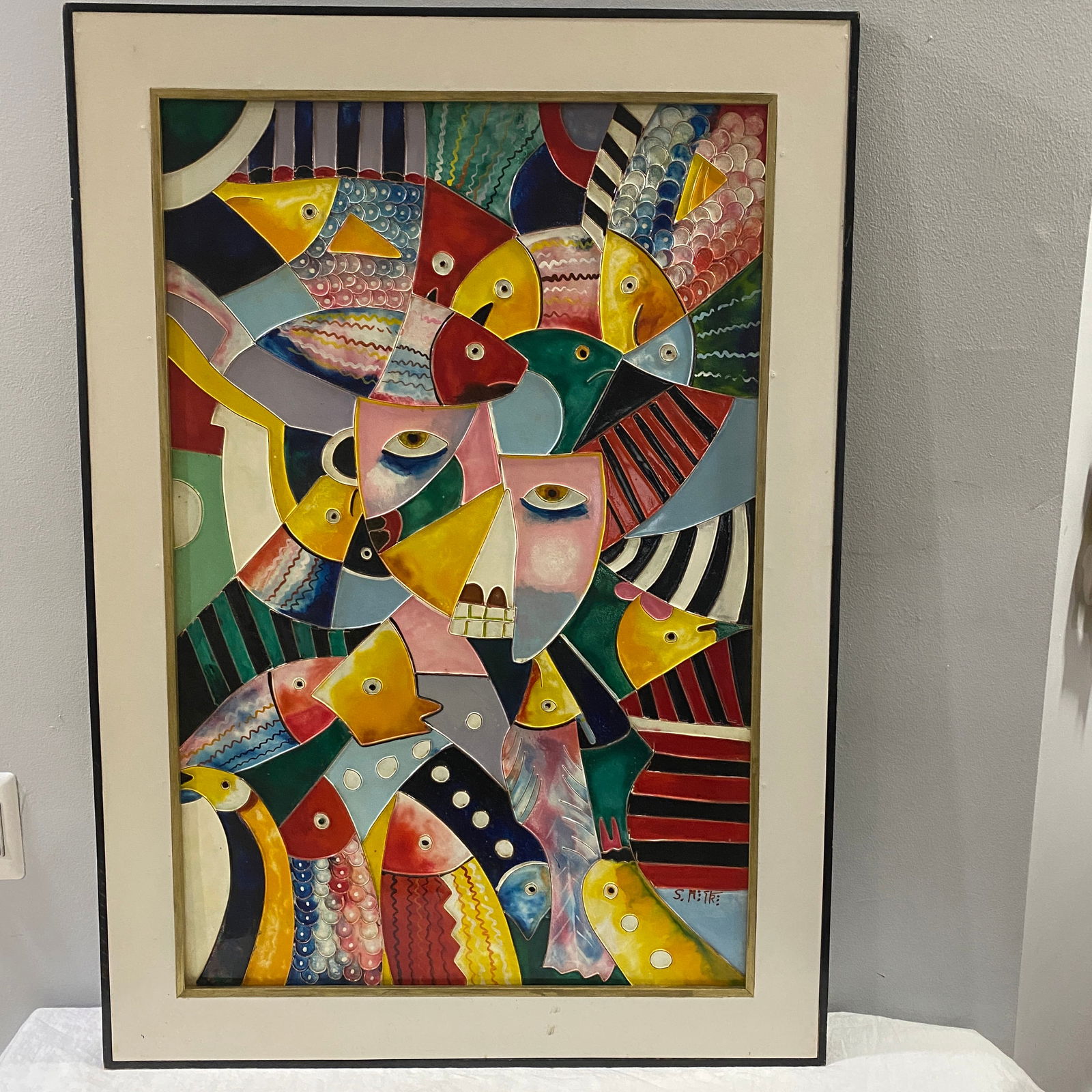 Original Signed Firmado Salvador Mestre Colorful Cubist Style Art: The size from the frame is 30” wide and 42” tall.