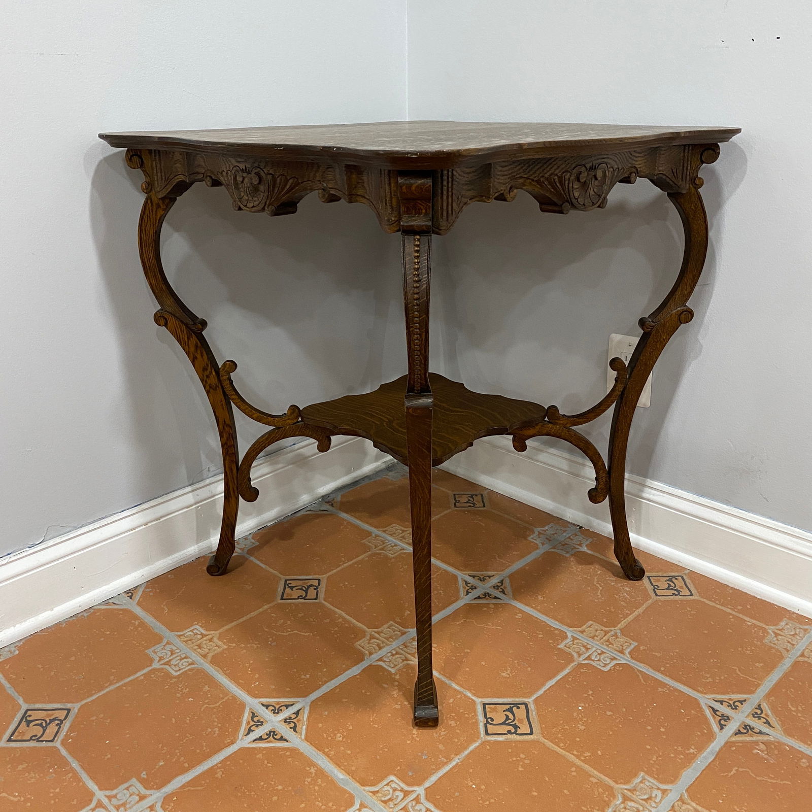 Mid century hand carved tiger oak wood table: The size is 30 inches tall, 28 inches long and 28 inches wide 8.