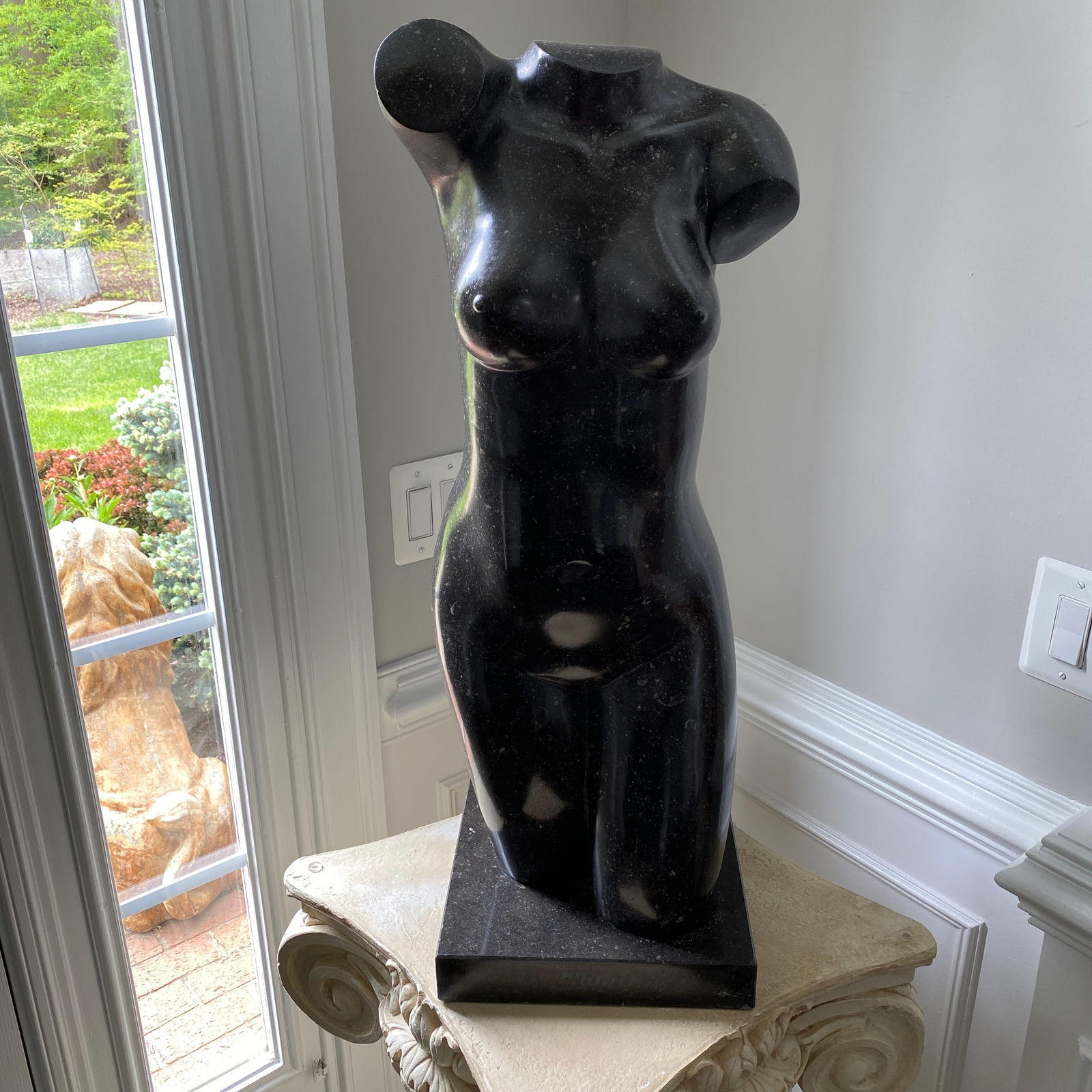 Feminine Italian granite sculpture with artist initials A B: The size is 32” tall, 11” wide and 11” deep 6.