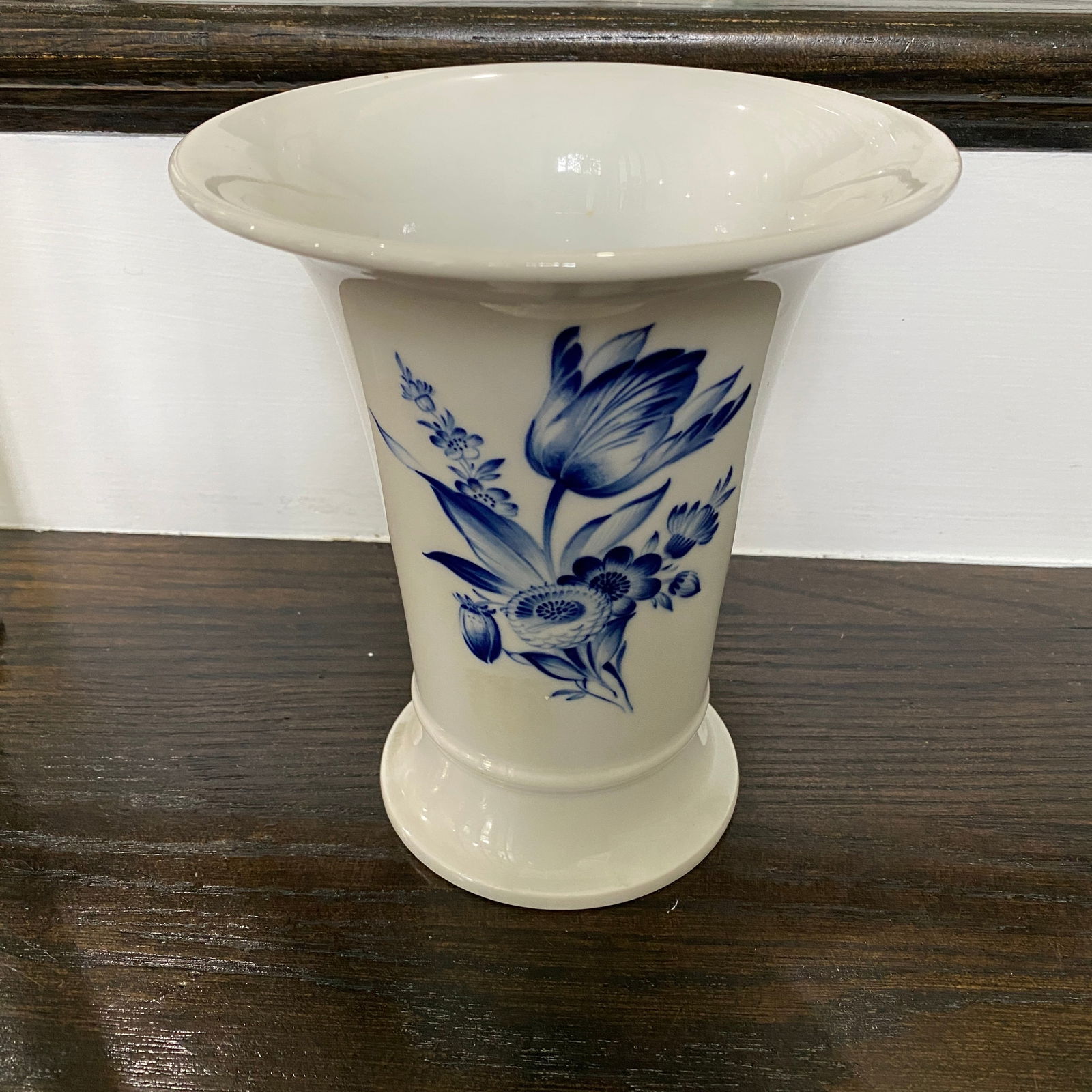 Meissen vase with a flower pattern: The size is 8” tall and 6.5” diameter.