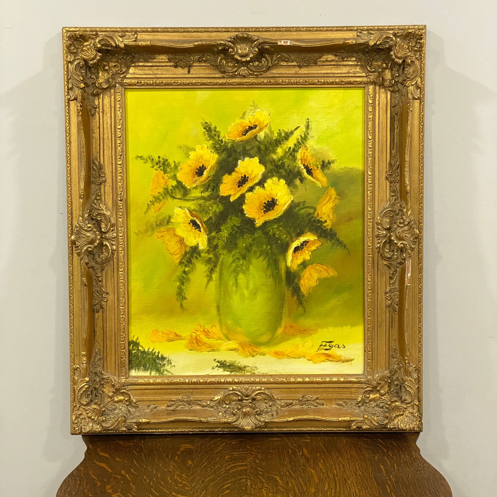 Original still life acrylic art with a gilded frame by a Hungarian artist: The size of the picture is 24 inches tall and 20 inches wide.
